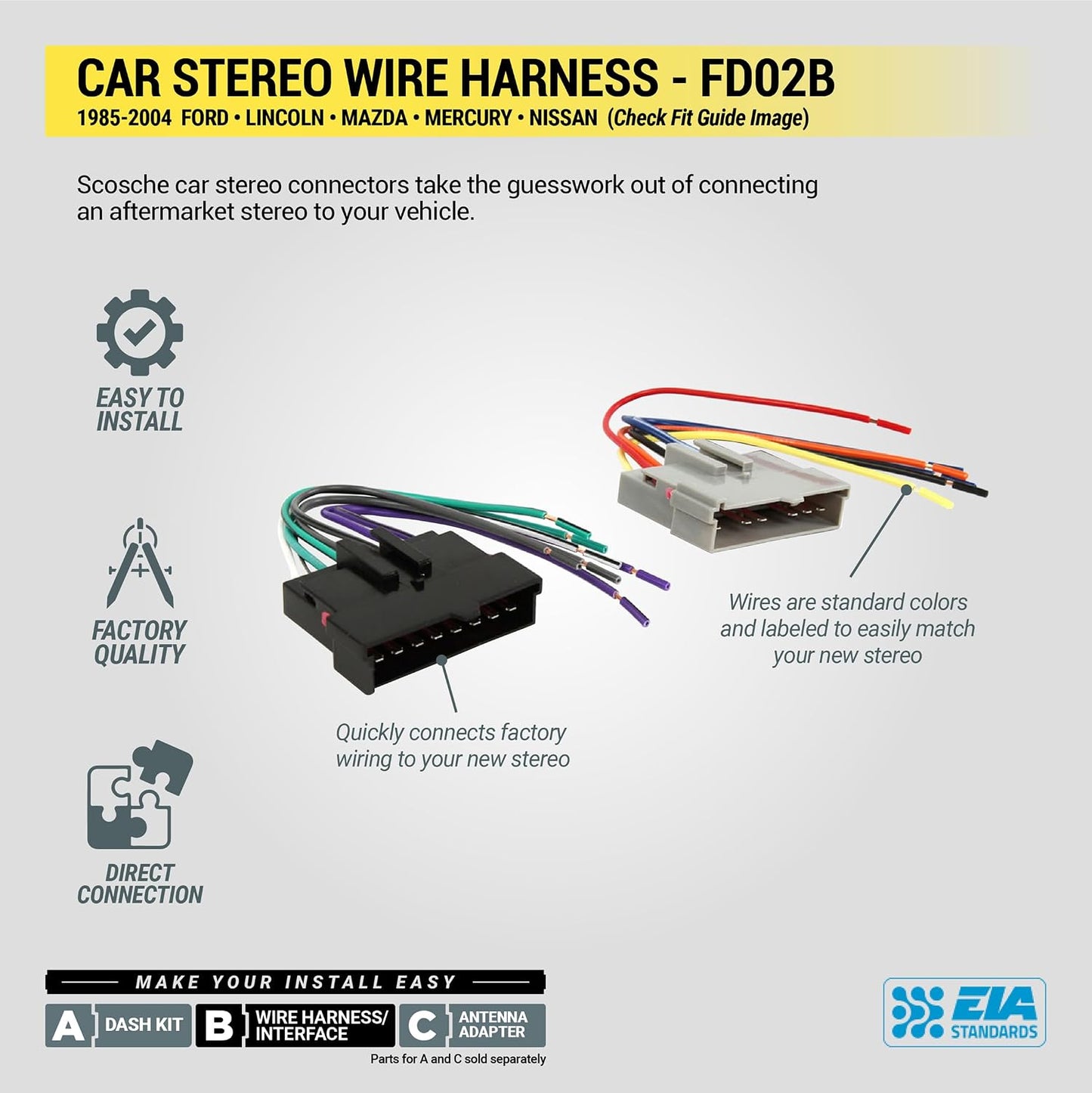FD02B 1985-2004 Scosche Stereo Wiring Harness Compatible with Select Non-Amplified Ford, Lincoln, Mazda, Mercury