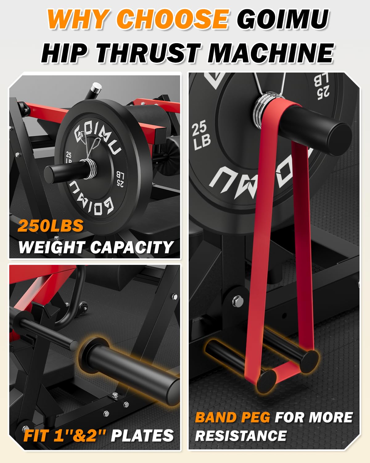 Goimu HT01 Hip Thrust Machine, 800LBS Plate-Loaded Glute Drive with Band Peg, Heavy Duty Glute Bridge Machine with Weight Holder, Butt Exercise Equipment for Glute Muscles Building (Red-HT01-1)