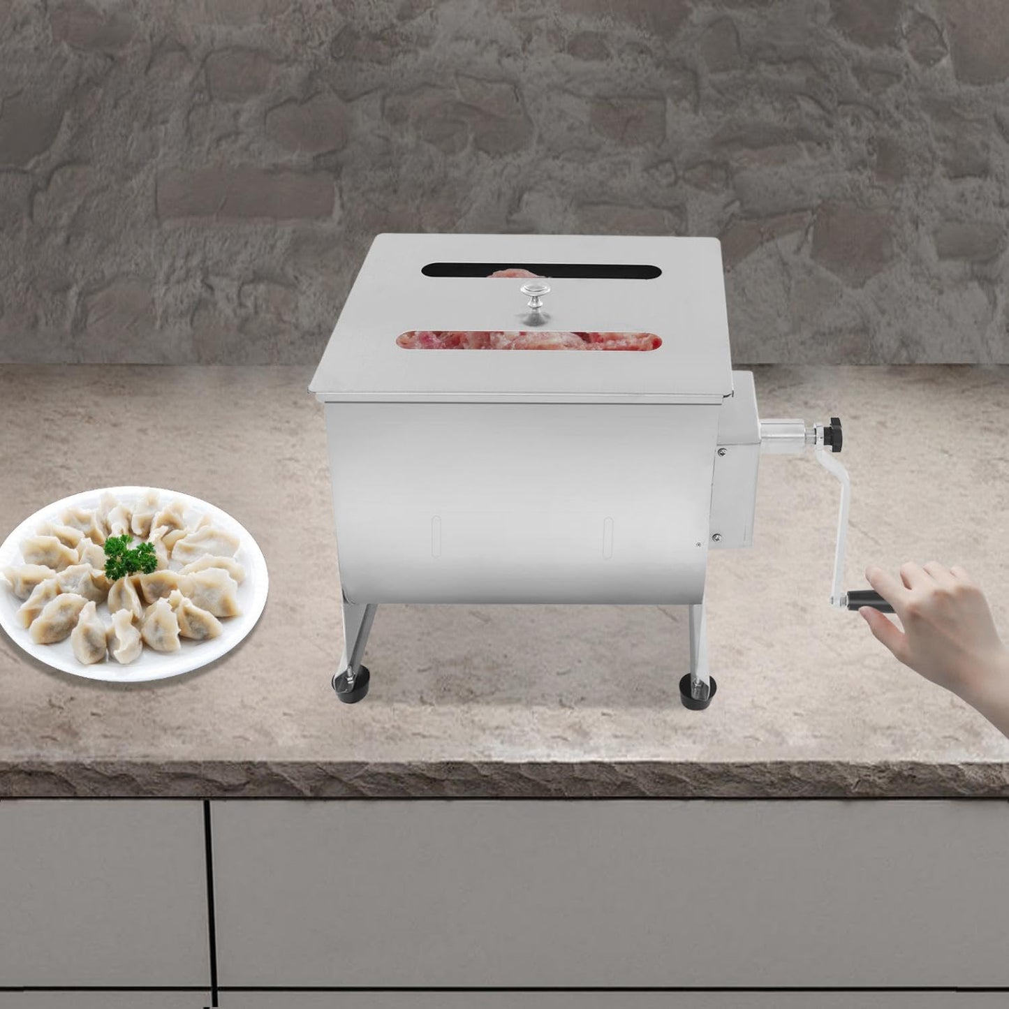 44 lbs Manual Meat Mixer, Stainless Steel Commercial Sausage Mixer Machine with Cover and Easy-Turn Crank for Home Kitchen, Restaurants Effortless Meat Mixing, Silver