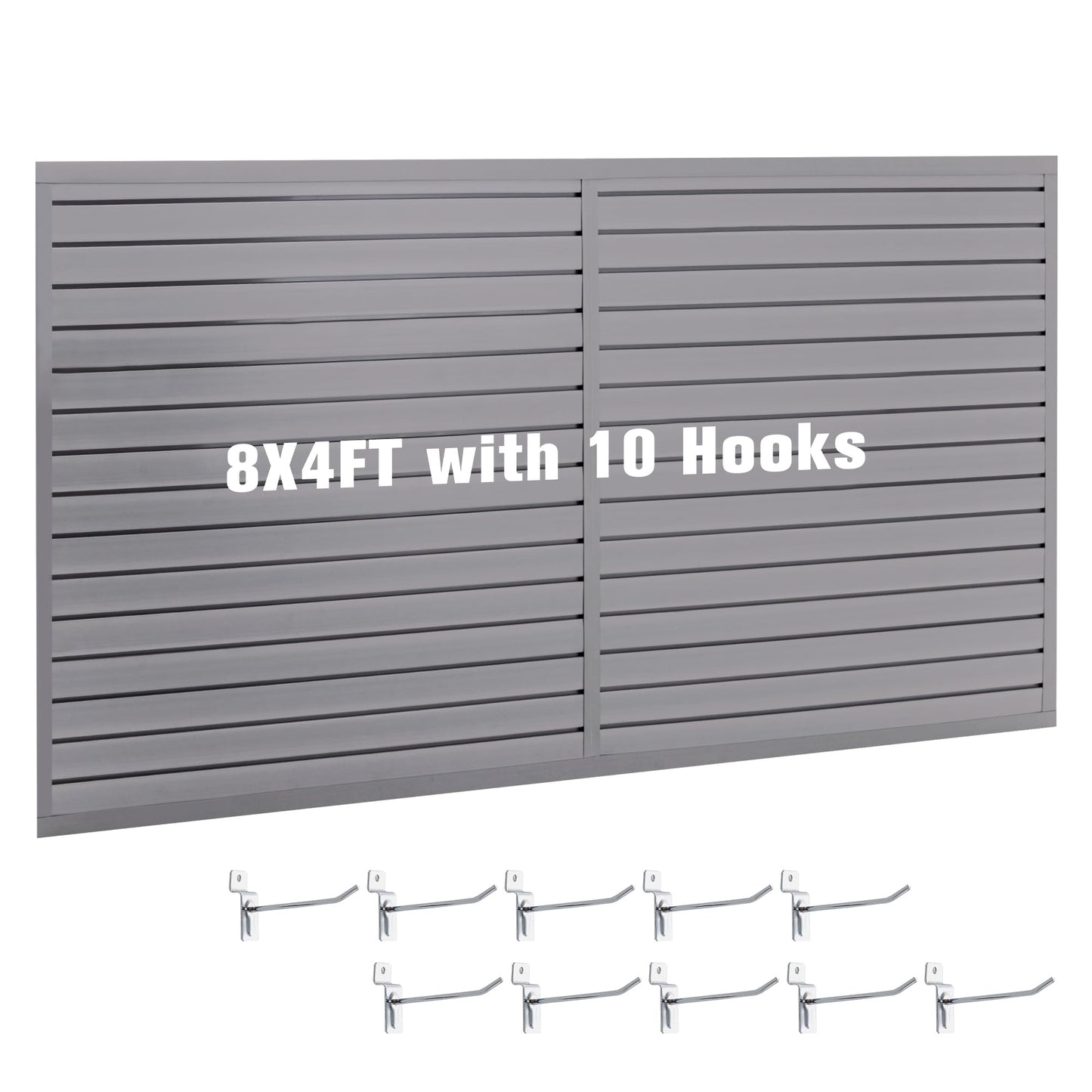 Slatwall Panel Garage Wall Organizer Storage Systems, Wall Mounted PVC Storage Rack with 10 Hooks, Interlocking Workshop Slat Wall Paneling Sheets Board Shelves Tools Organization-Grey (8’H x 4’W)