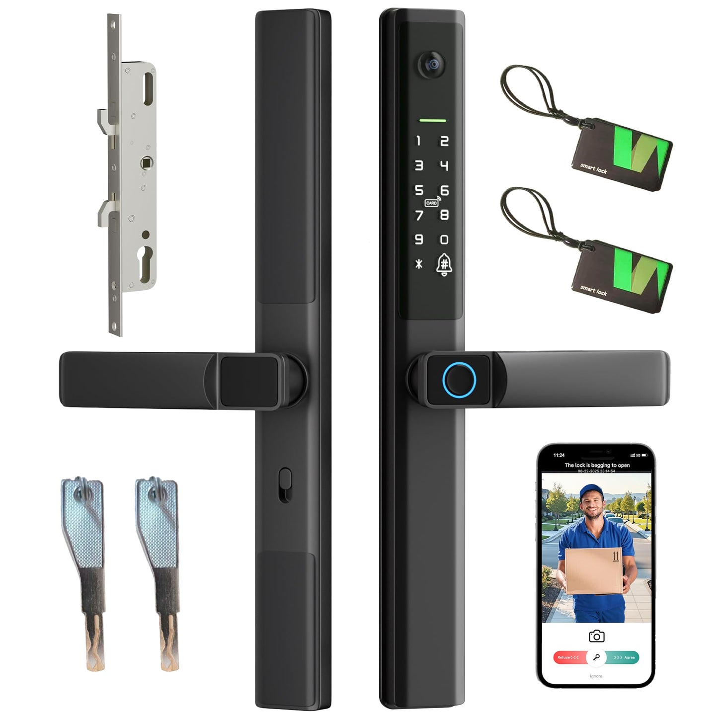 Sliding Glass Door Smart Lock with Handle Keyless Entry Sliding Door Lock with Image Doorbell Fingerprint Code RFID Card Keypad Key WiFi Remote Replacment Slim Thin Frame Patio Door 2885 Mortise Lock