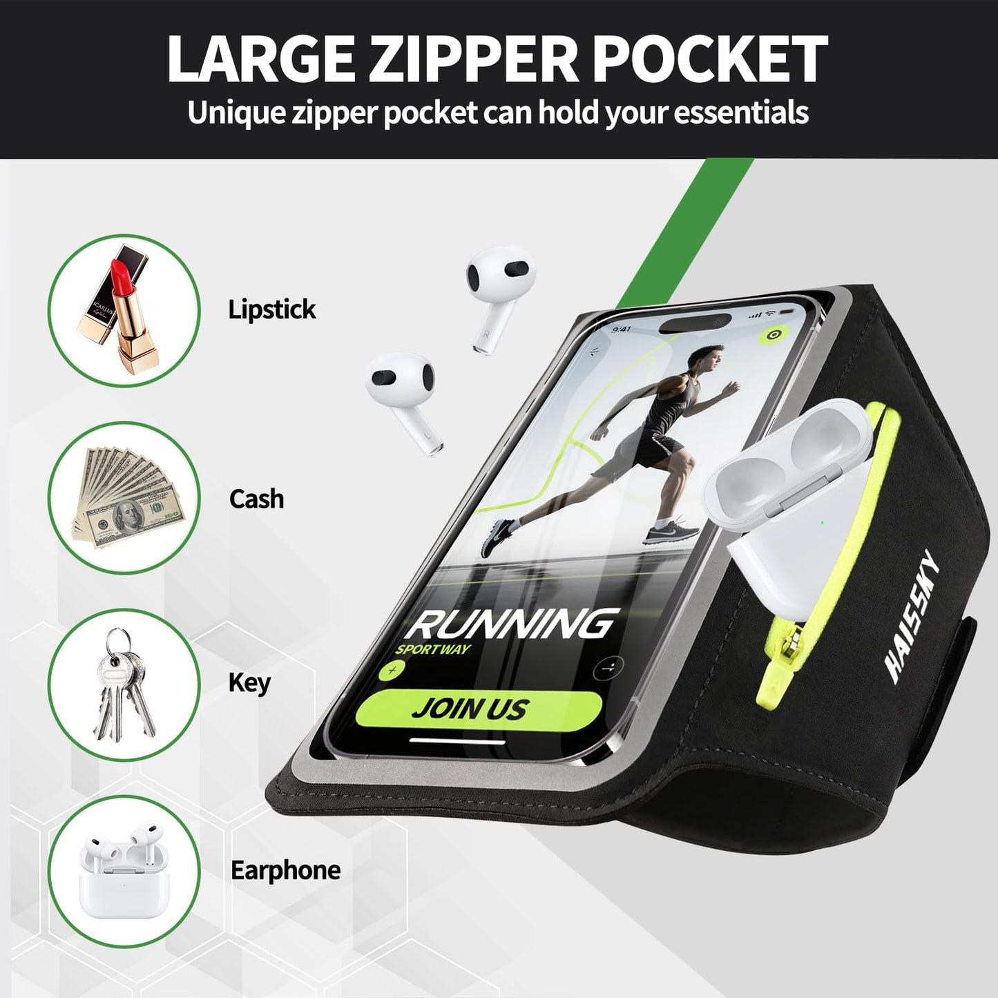 Kebrela Running Armband with Earphone Bag for iPhone 16/15/14 Max/Pro/Plus & Galaxy S20/S10, Touchscreen Compatible, Phone Holder for Running with Card Slot & Key Pockets, Fit Up to 6.9 Phone