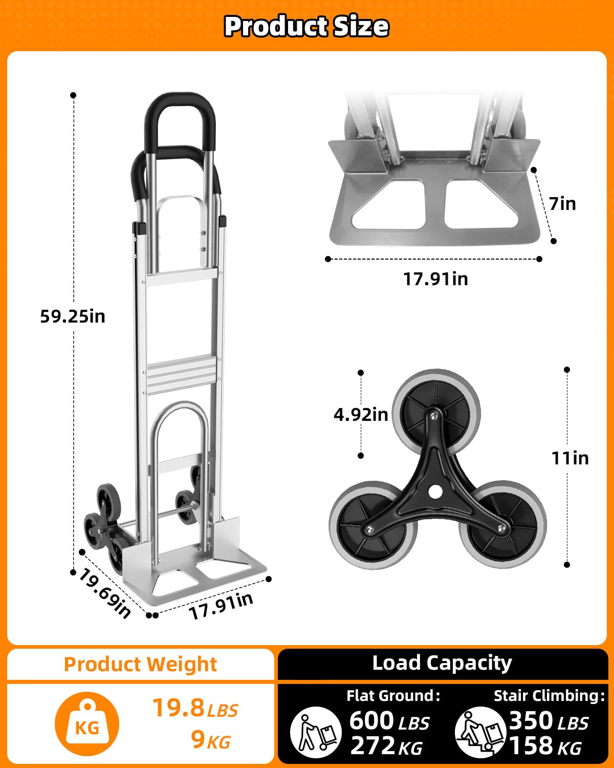 Aluminum 2 in 1 Hand Truck Dolly Cart with 6 Wheels, 600 Lbs Capacity, Heavy Duty Stair Climbing Dolly with Dual Handles, Bungee Cord & Strap for Flat Ground & Stairs, Warehouse, Home, Office, Silver