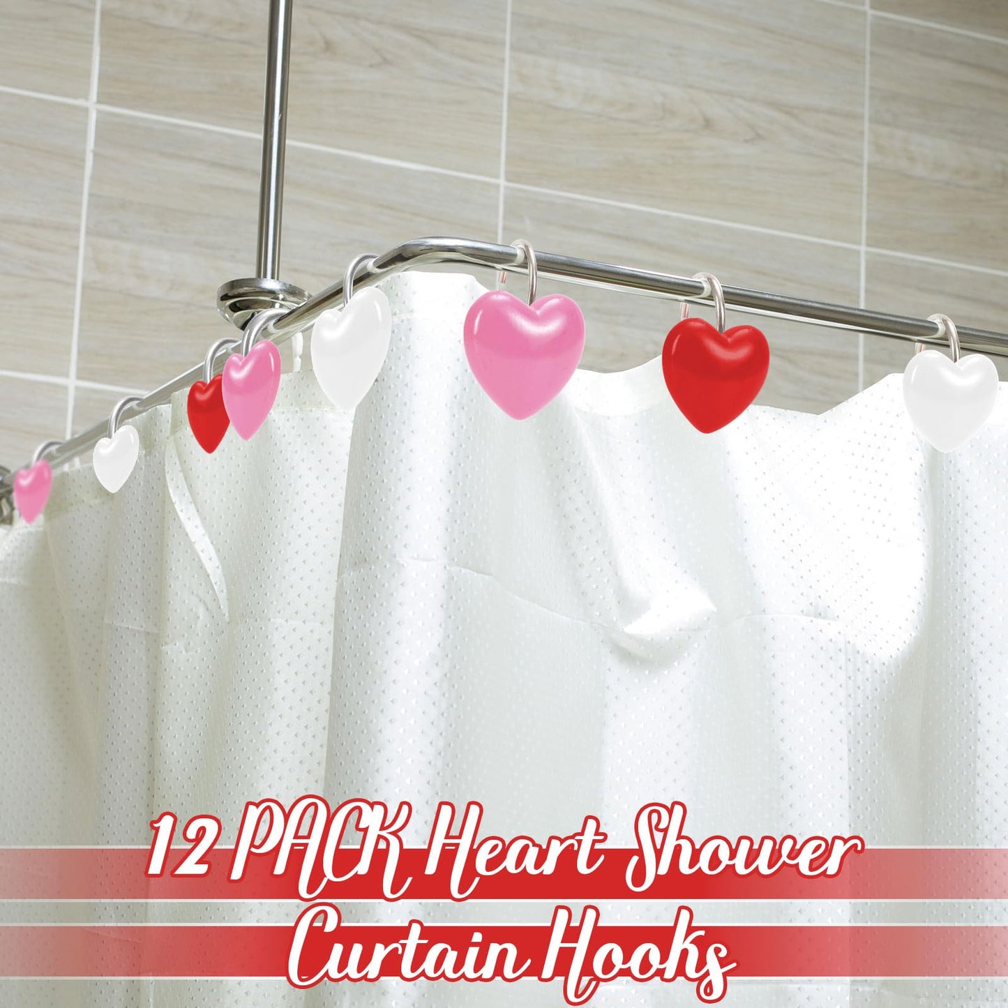 Whaline 12Pcs Valentine's Day Shower Curtain Hooks Decorative Heart Resin Shower Rod Rings Heart-Shaped Anti Rust Curtain Hanger Hooks for Living Room Bedroom Bathroom Decor
