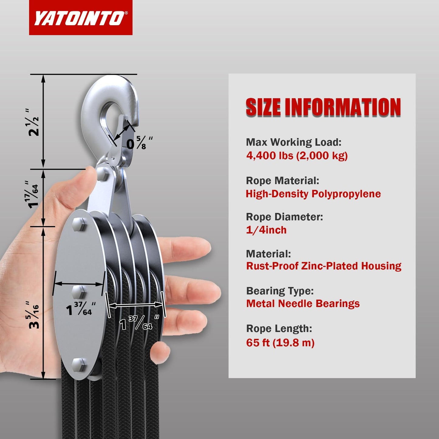 YATOINTO Rope Hoist Pulley System with Metal Bearing, 4400LB Pulley Block and Tackle, 8:1 Lifting Power 65ft, Heavy Duty Pulley Block for Hunting Lifting Heavy Objects Garage Warehouses Building