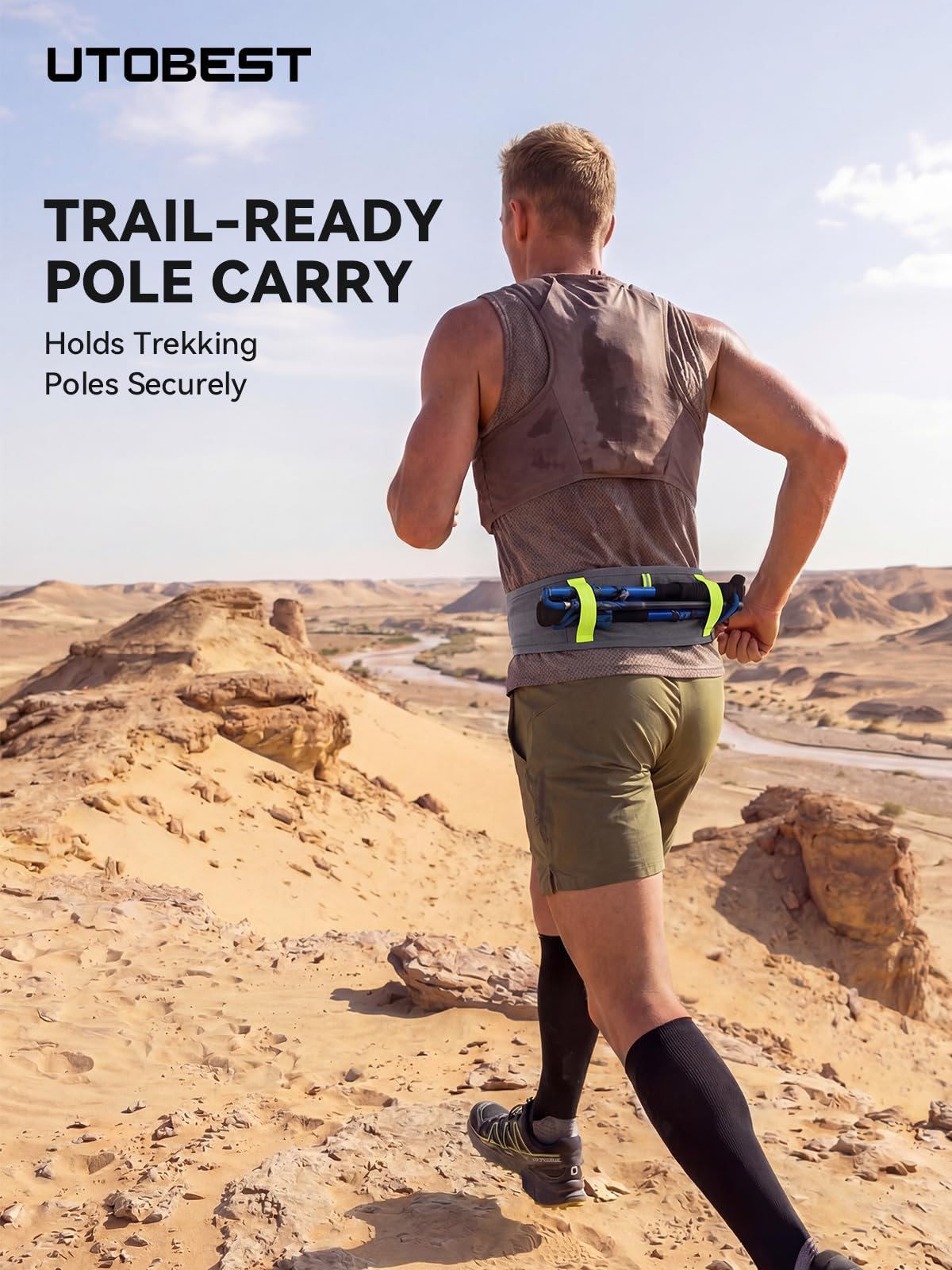 UTOBEST Running Belt for Men & Women, Bounce-Free Running Waist Pack Fits All Phones, 4-Pocket No Zipper Trail Running Belt Fits 500ml Soft Flask, Pole Carry Straps for Race, Trail (B7 Pro-Grey, 2XS)