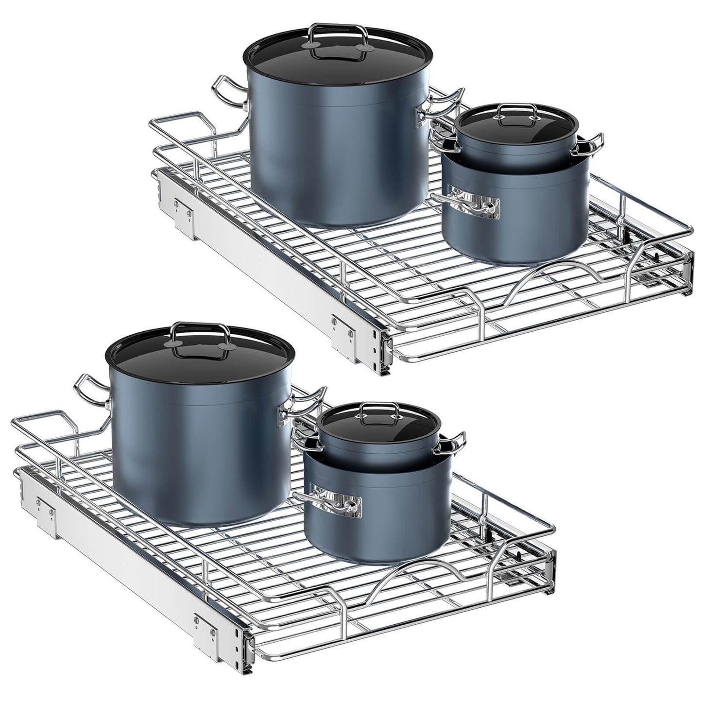 OCG Pull Out Cabinet Organizer 2 Pack (15" W x 21" D), Pull out Shelves 1 Tier, Cabinet Slide Out Shelves for Base Cabinet Organization in Kitchen Bathroom Pantry, Bottom Mount, Chrome Finish
