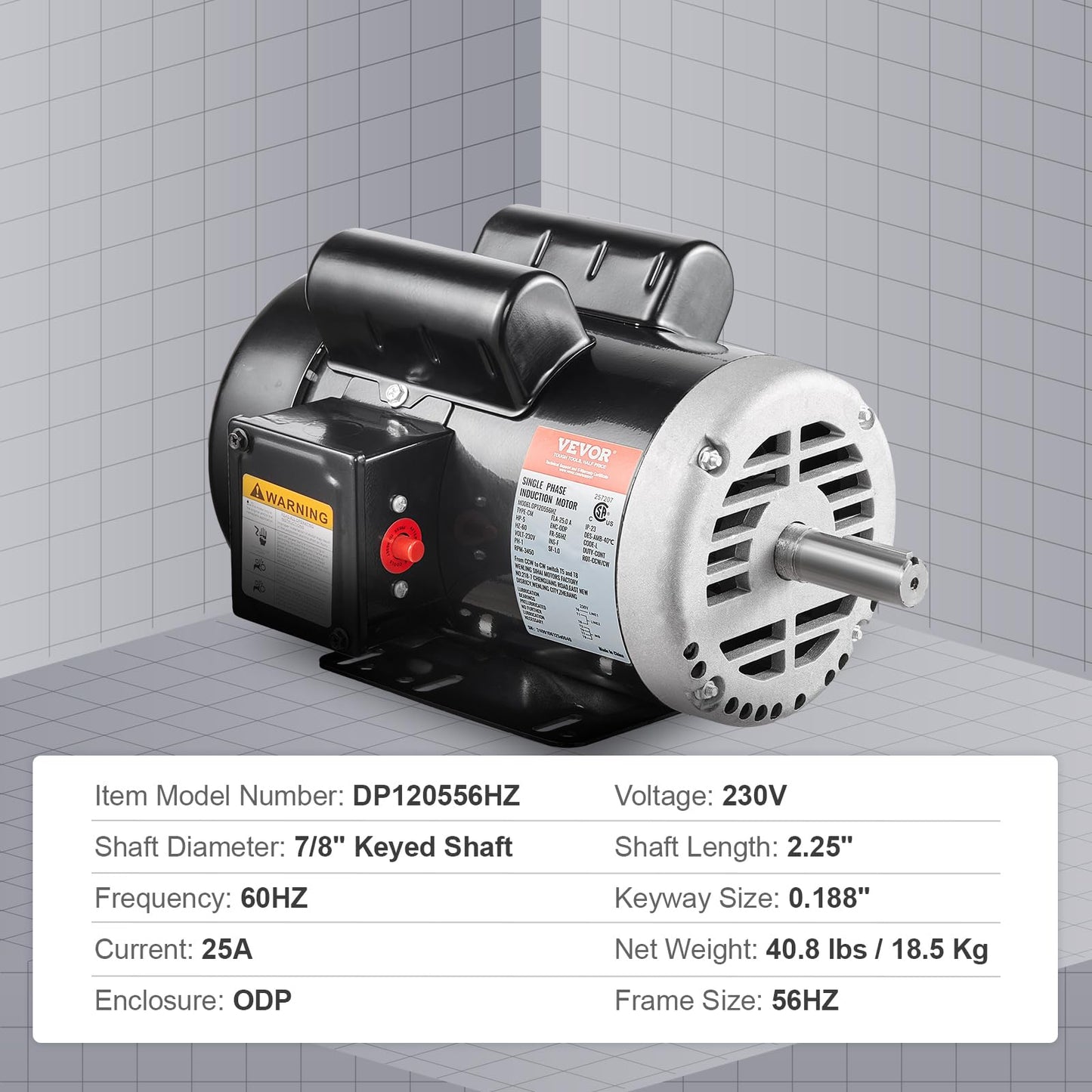 VEVOR 5HP Air Compressor Electric Motor, 230V 25 Amps, 56HZ Frame 3450RPM, 7/8" Keyed Shaft, 2.25" Shaft Length, Single Phase, CCW/CW (Factory Setting is CCW)