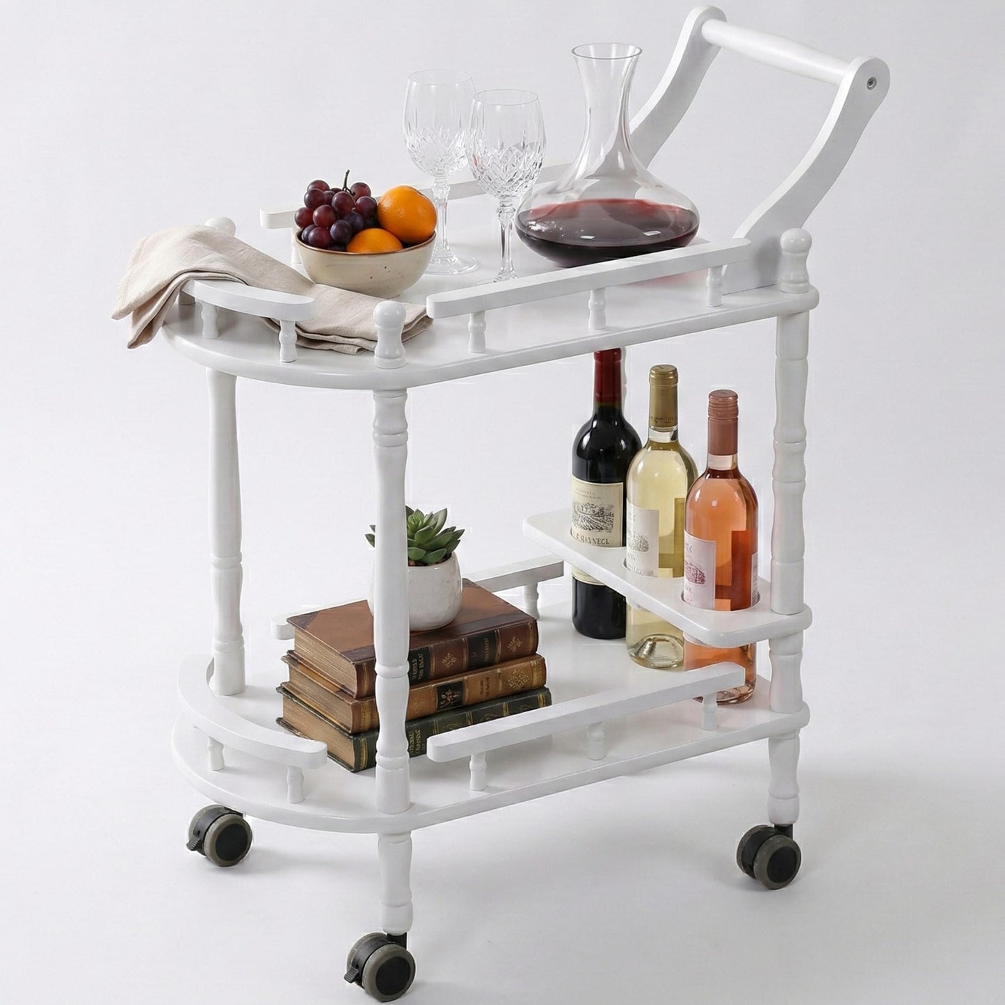 Wiz Conal Entertainment Kitchen Cart, Midcentury Modern Imported rubberwood White Finished Wood 2-Tier Mobile Bar Cart Serving Cart