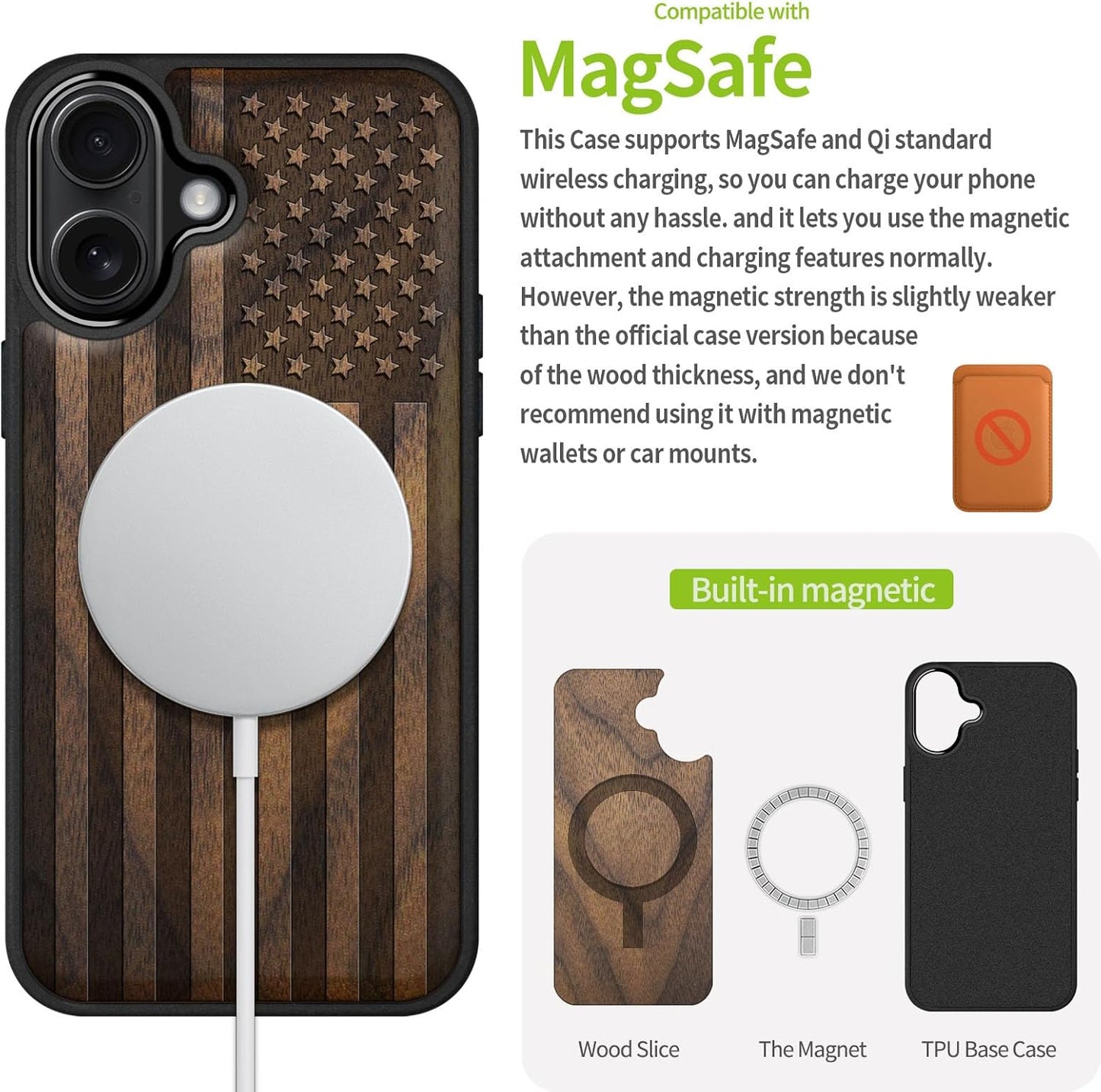 Carveit 17 Magnetic Wooden Case for iPhone Case, Wood Artisan Engraved & Black Soft TPU Shockproof Cover, Compatible
