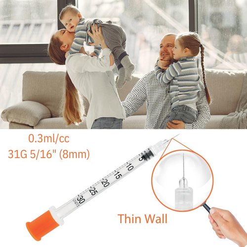 GLUCO-CARE 31G x 5/16’’ Syringes - 0.3 ml/cc, Orange Cap, Box of 100 for Precision Dosing