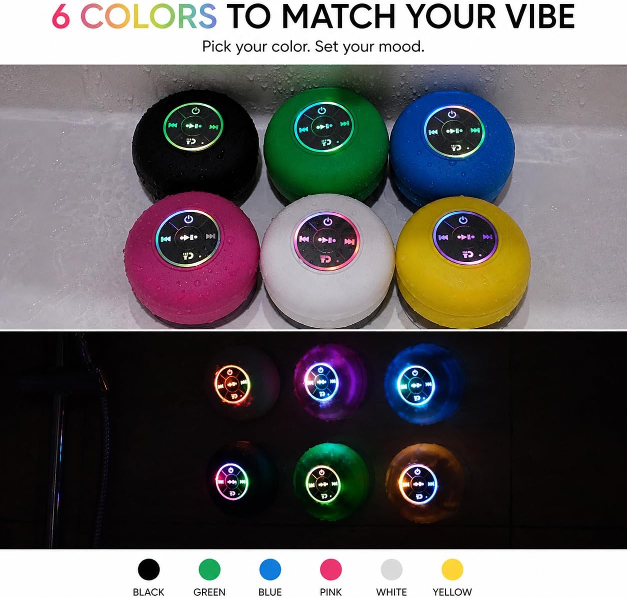 Luzsco IPX4 Bluetooth Shower Speaker with LED Portable Wireless Mini Speaker with Mic & Suction Cup, Water Resistant