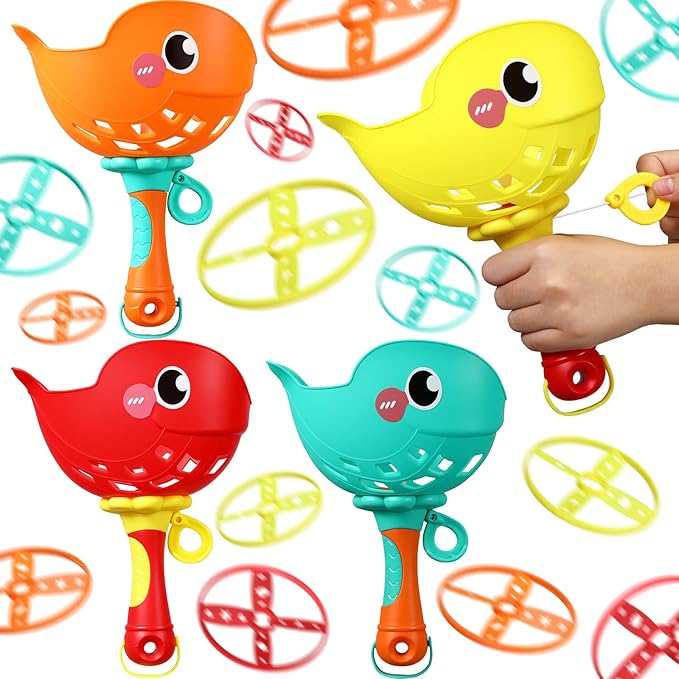 Set of 8 Flying Disc Launcher Toys Bulk Toys for Kids Include String Launchers & Discs Manual Capture Catching Game Flying Toy for Boy Girl Birthday Party Favors