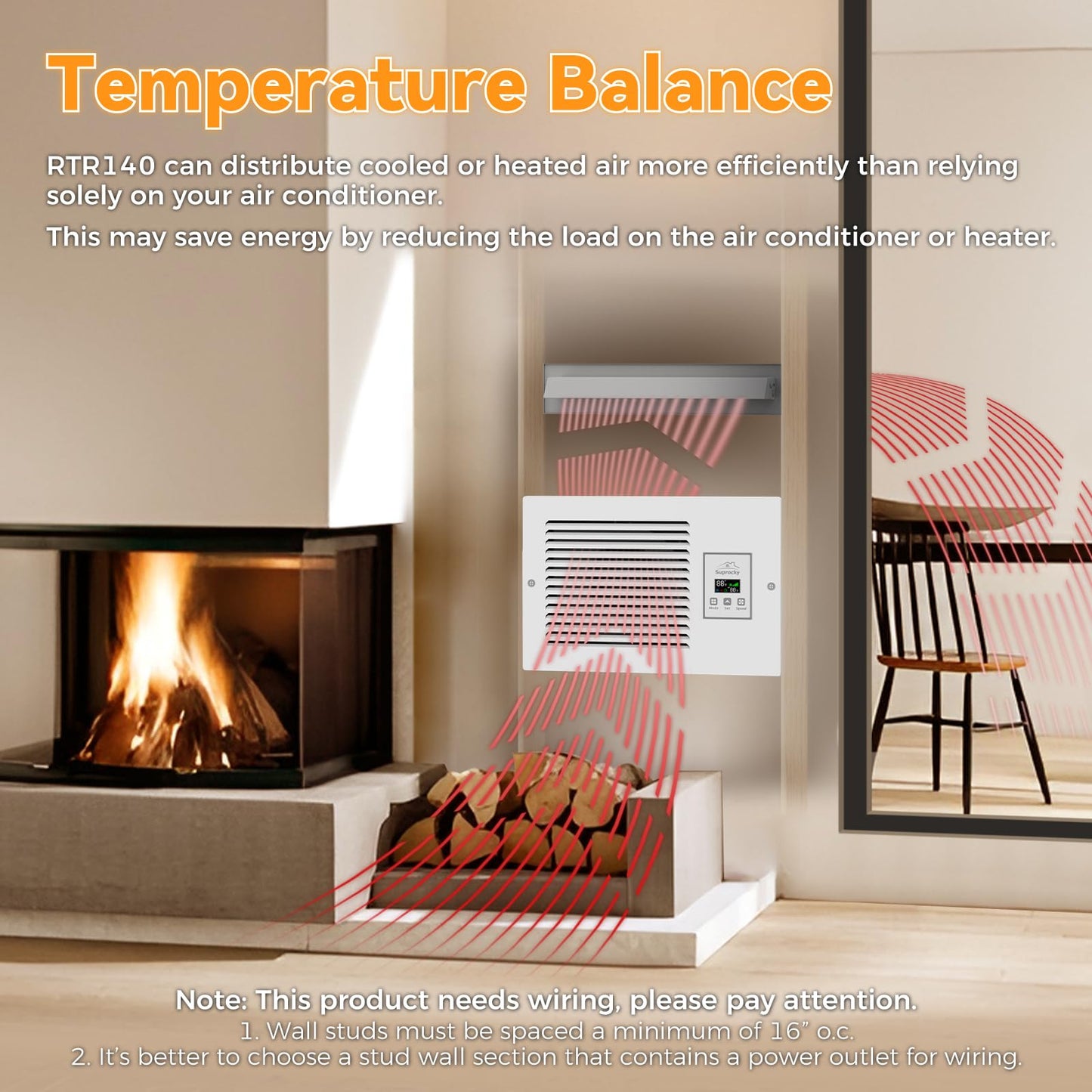 Suprocky Room to Room Air Transfer Fan, Through Wall Exhaust Fan with Intelligent Programmed Air Exchange System, Hardwired, 3-Speed, In Wall Vent Fan with Temperature Sensor, 200CFM, RTR140