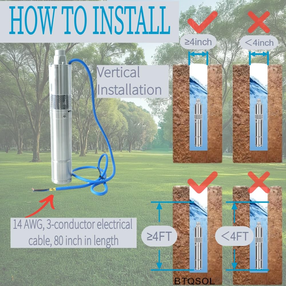 Deep Well Submersible Pump with Control Box, 1.5HP 72V, 9.7GPM Flow 590FT Head, with 0.75IN Outlet, 3 Inch DC Brushless Screw well Pumps, Stainless Solar Well Pump for Irrigation&Home Use, IP68