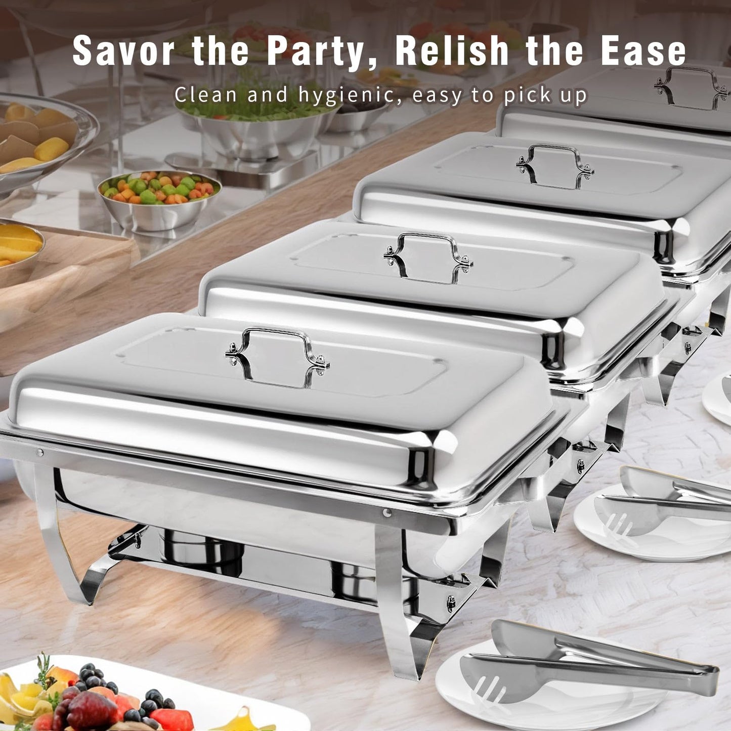 Stelora Chafing Dishes for Buffet, 9 Qt High Grade Chafing Dish Buffet Set, Rolled-Edge Design Food Warmers for Parties, Buffet, Wedding, Birthday, Camping 4 Pack 12 Pans (Silver)