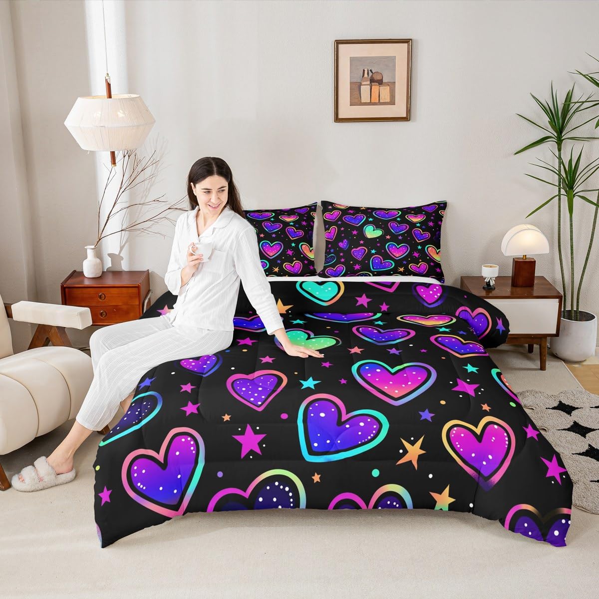 Erosebridal Neon Hearts Bedding Twin Rainbow Love Heart Comforter Set for Girls, Psychedelic Galaxy Duvet Insert Gradient Glowing Stars Down Comforter, Black Girly Bedding Comforter Sets Lightweight