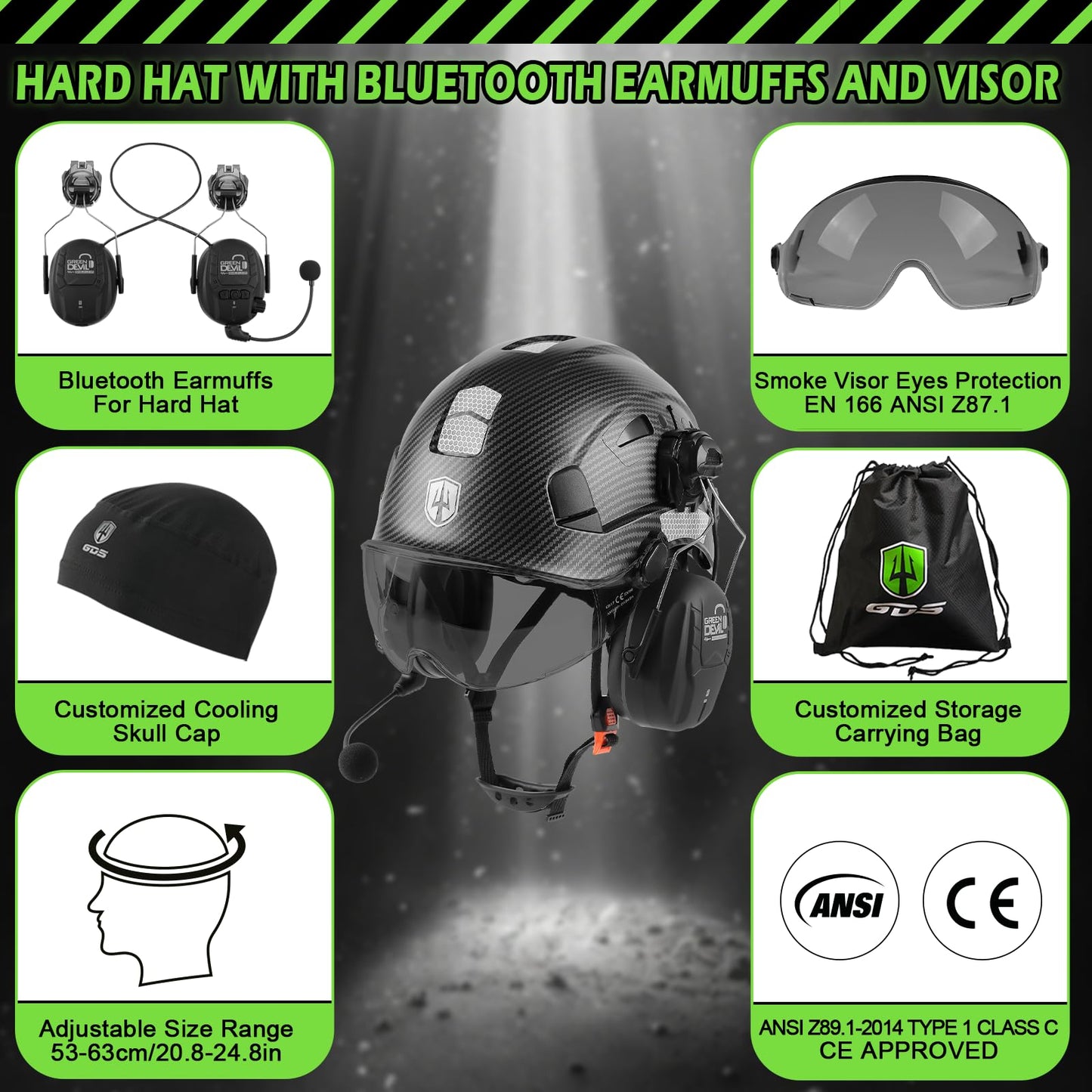 GREEN DEVIL Hard Hat with Bluetooth Ear Muffs and Visor Vented Work Safety Helmet for Men Women ANSI Z89.1 Approved Hardhat Cascos de Construccion Ideal for Industrial & Construction