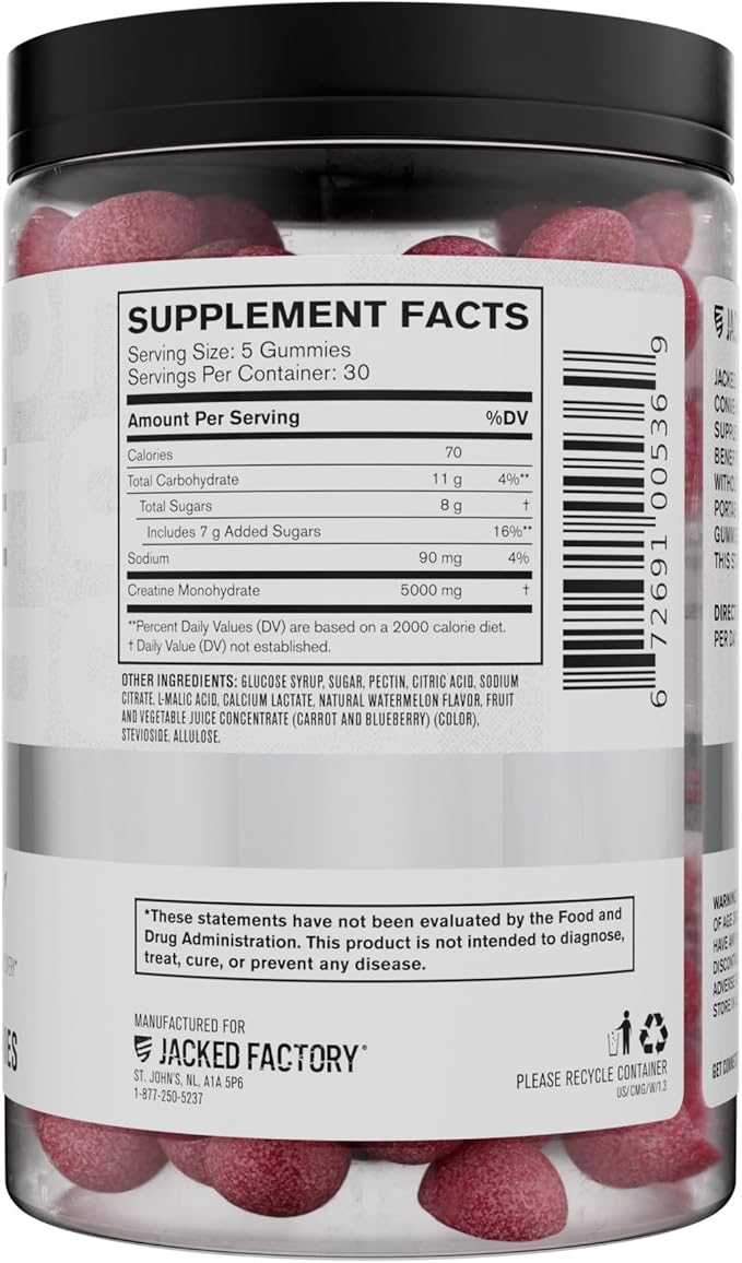 Jacked Factory Creatine Monohydrate Gummies 150g - 5g Daily Creatine Supplement for Men and Women, Vegan-Friendly, Third-Party Tested - 30 Servings, Watermelon