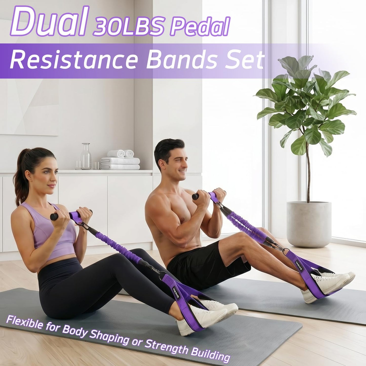 Pedal Resistance Band with Handle: Upgraded 2 Tube Adjustable Resistance Bands for Abdomen, Waist, Arm, Core/ABS, Leg, Physical Therapy - Sit Up Exercise Equipment for Women Home Gym Travel Workout