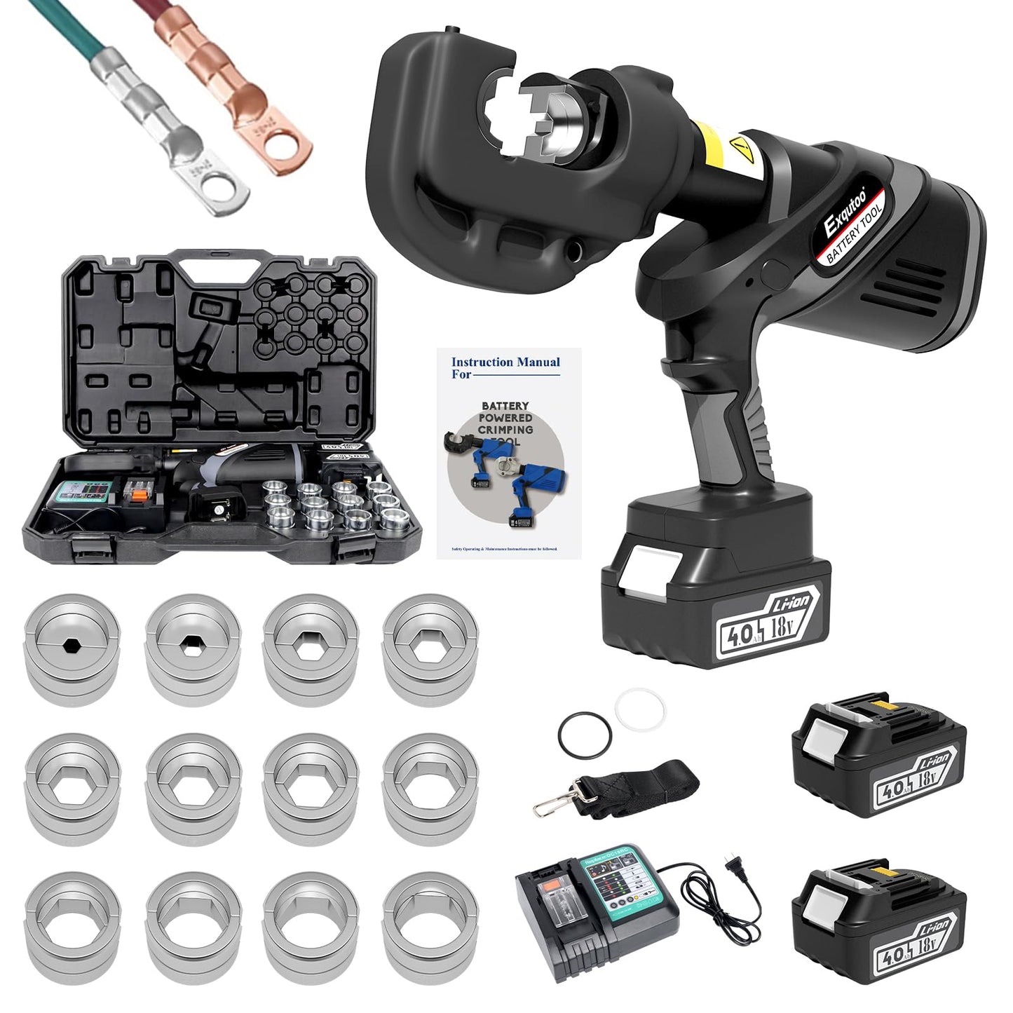 Exqutoo Electric Hydraulic Cable Lug Crimper Pliers, with 12 Size Hex Dies(16-400 mm²) & 2 4Ah Lithium-Ion Batteries & Battery Charger, 120kN, 12 Ton, Electrical Terminal Cable Wire Fiber Crimper Kit