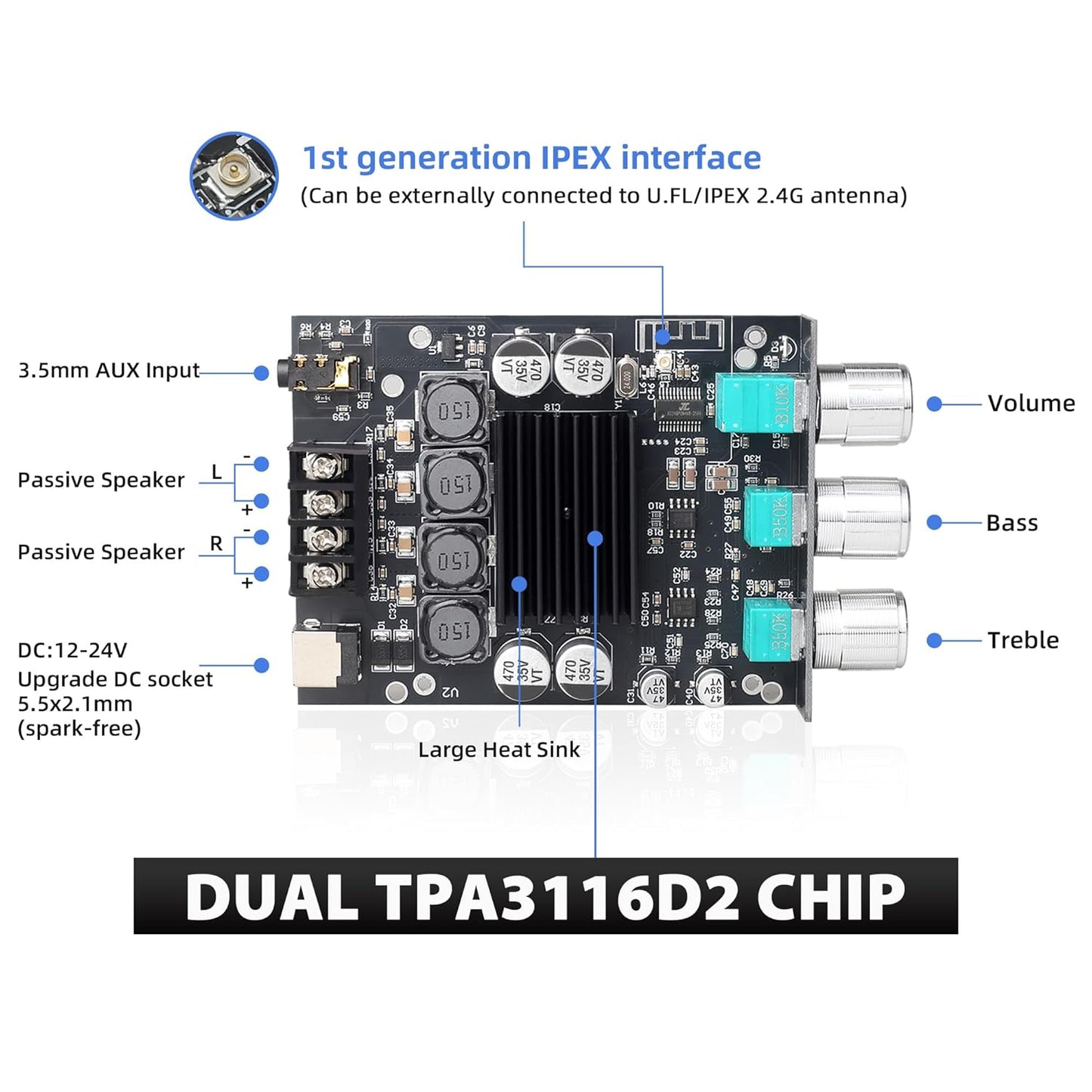 ZK-1002T 2.0 100W+100W TPA3116 Channel Bluetooth Amplifier Board Hi-Fi Stereo Amp with Antenna, Bluetooth and AUX Input
