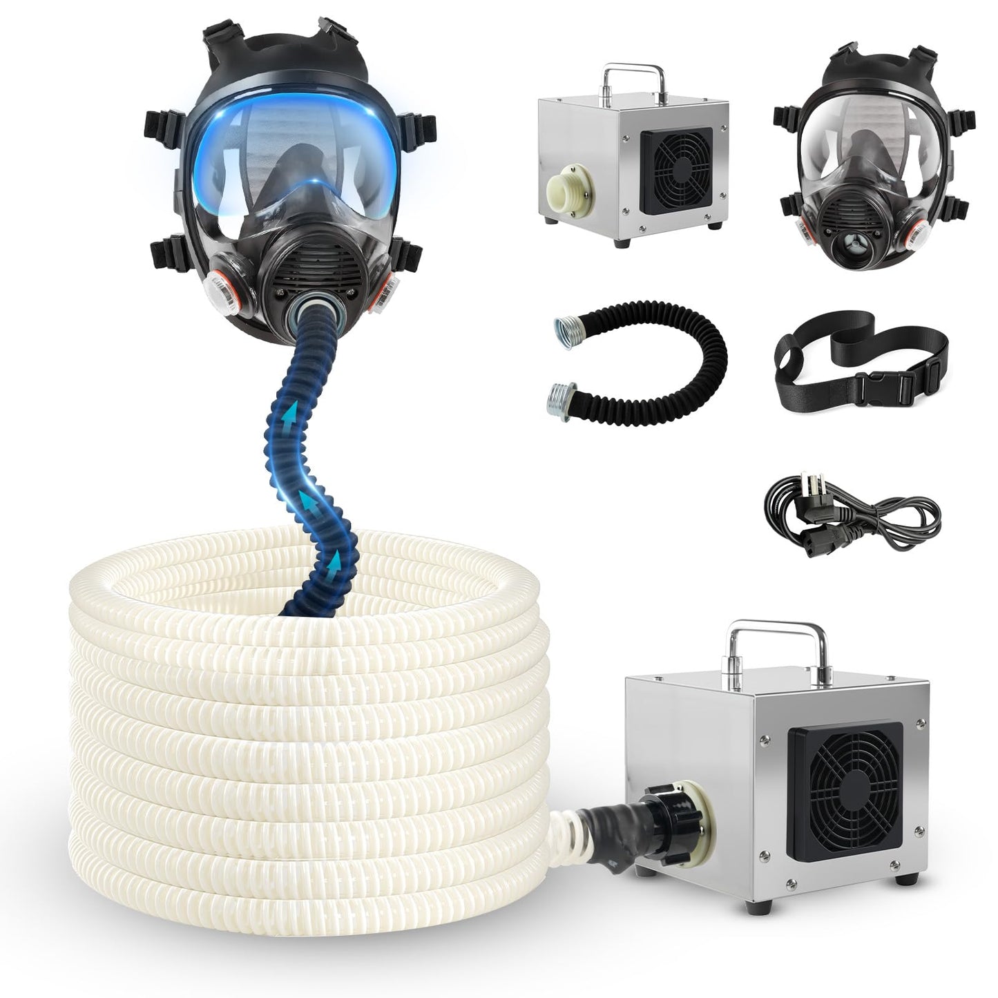 HANUU Portable PAPR Respirator System - High-Efficiency Powered Air Purifying Respirators with 33ft Long Hose - Large Airflow Supplied Air Respirator for Tunnel Construction Industrial