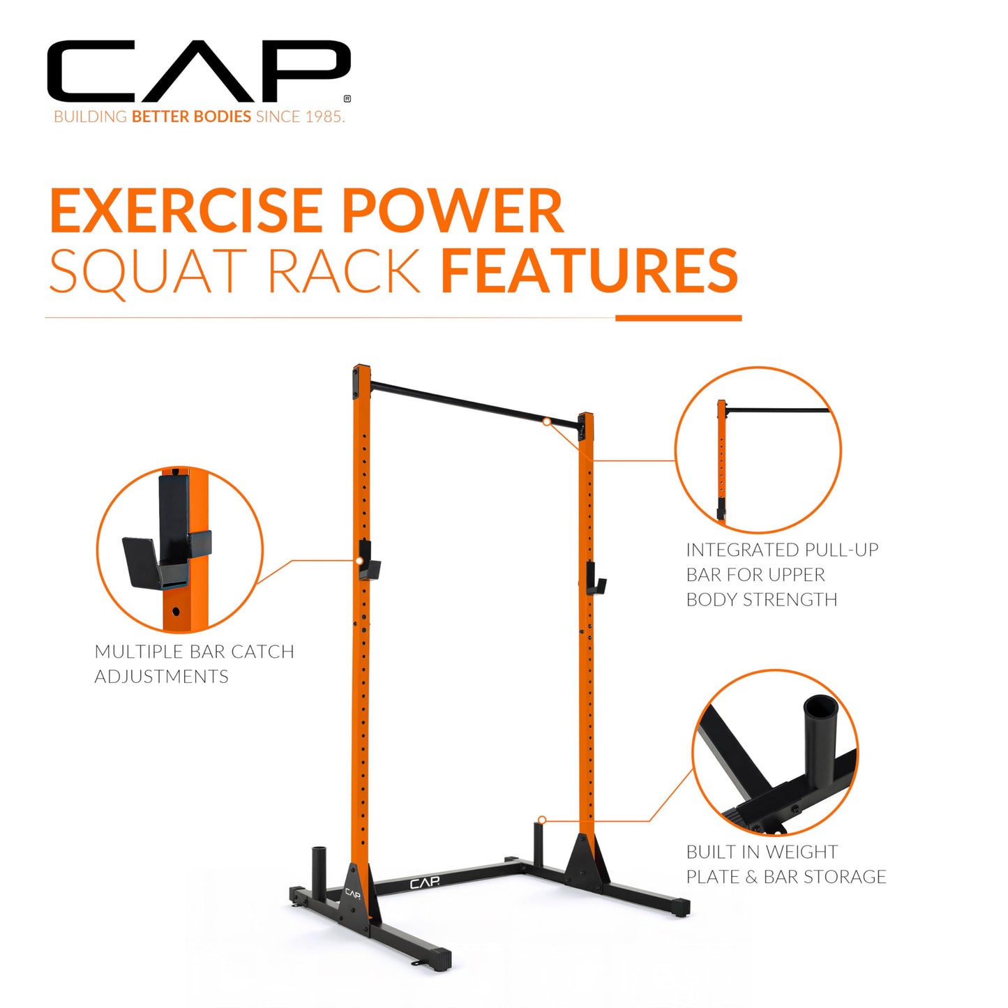 CAP Barbell Power Rack with Pull Up Bar & Attachments - Squat Rack & Strength Training Power Cage for Home Gym - Orange