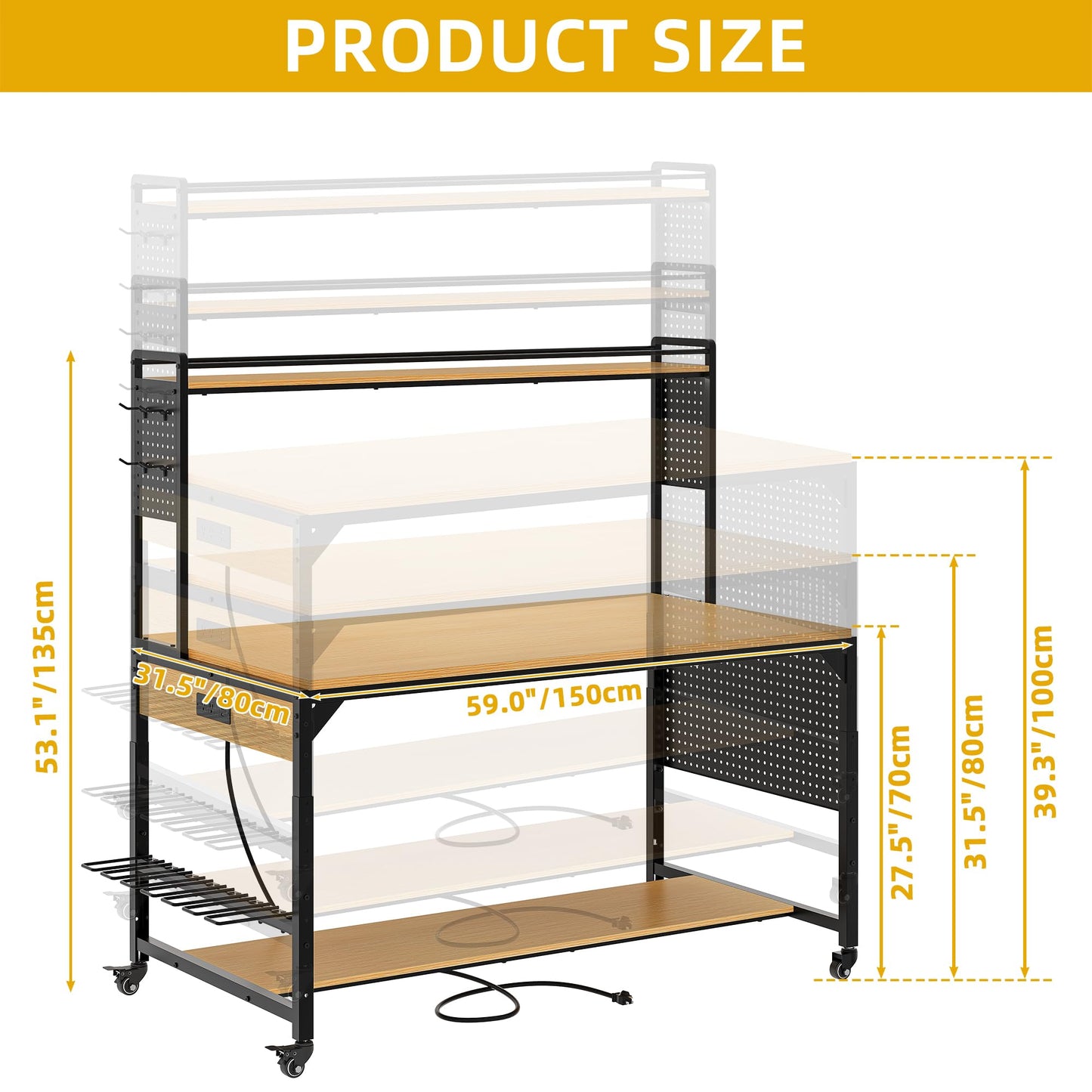 DWVO 59in Large Adjustable Height Workbench with Pegboard & LED Light, 1100lbs Load Heavy Duty Work Bench on Wheels. 59"x31" Work Table for Garage, Workshop, with AC/USB Outlet, Storage Shelf, Hooks
