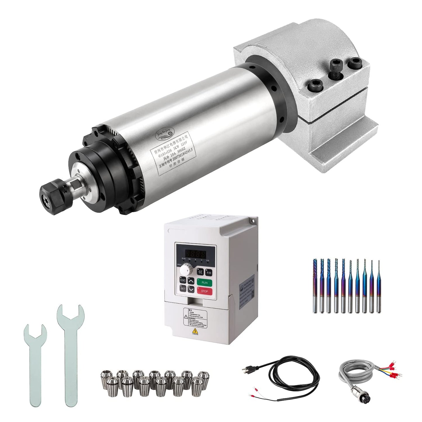 CNC Spindle Motor Kits, 220V 3KW 3000W Φ100mm Air Cooled Spindle CNC Spindle CNC Motor + 3.7KW VFD+Φ100mm Clamp Mount + Collet Set ER20+ Drill bits+ Wires for CNC Router Machine