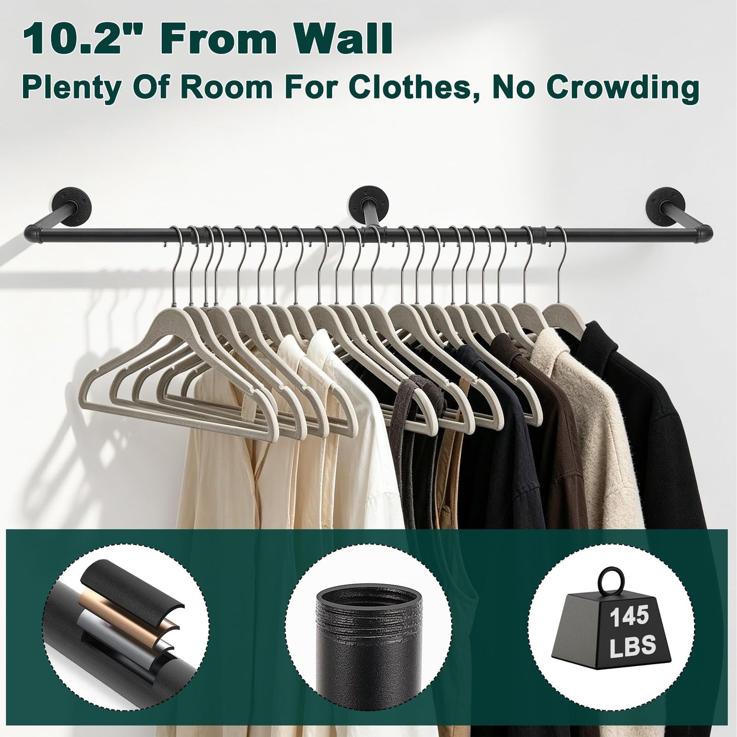 BathAce Industrial Pipe Clothes Rack, 50" Wall Mounted Iron Garment Rack, Heavy Duty Space-Saving Clothing Bar, Multi-Purpose Hanging Rod for Bedroom, Laundry Room and Closet Storage, Black