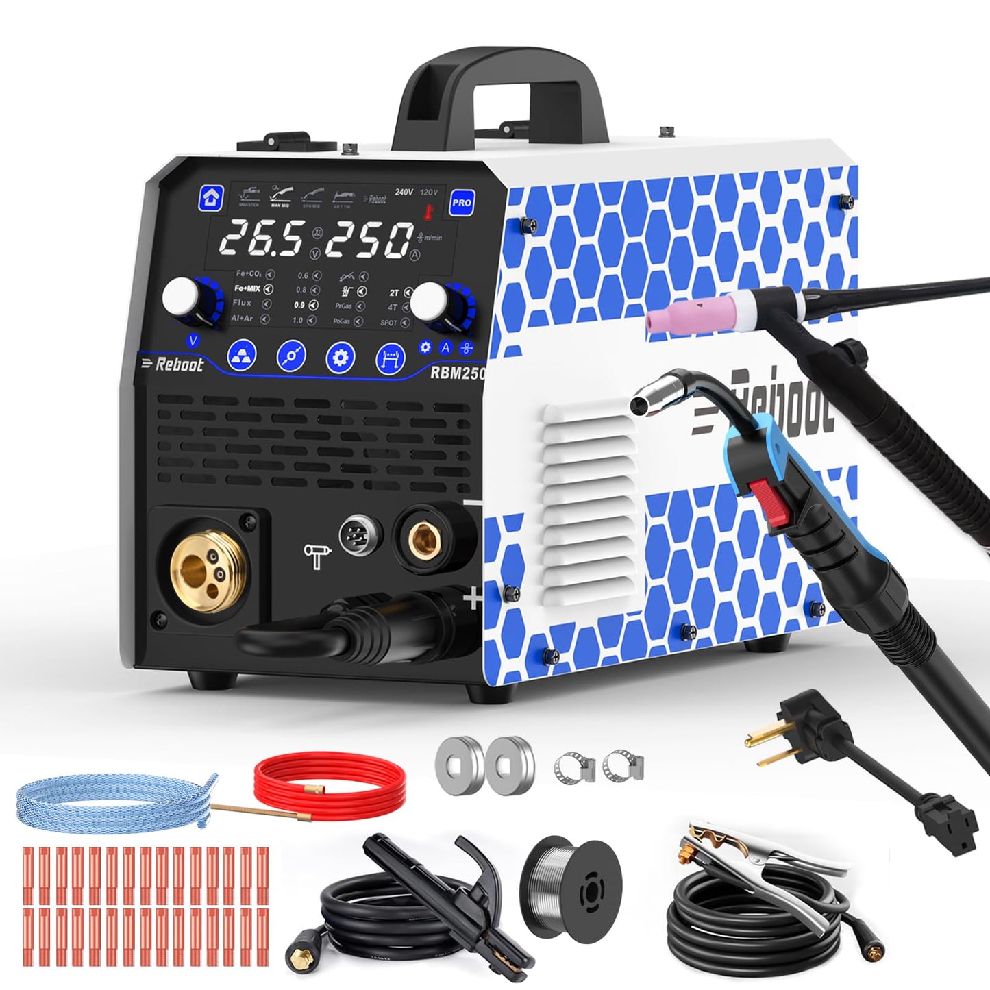 Reboot Pro 60A Plasma Cutter 2025, Pilot Arc Non-Contact Cutting, 120V/240V Dual Voltage,Large Digital Smart Screen with 250Amp MIG Welder TIG Torch Included 120V/240V RBM2500 PRO, 8-in-1 MAG/Lift TIG