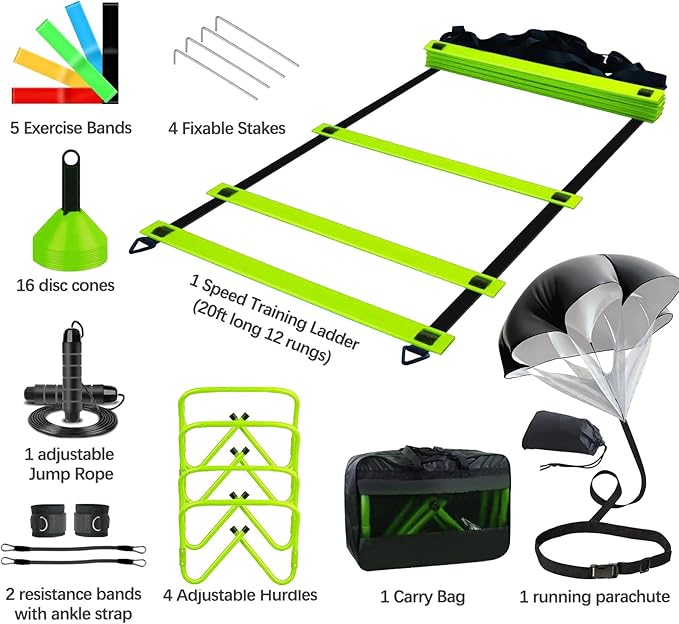 Agility Training Equipment, Football Training Equipment Includes 20FT Agility Ladder,4 Adjustable Agility Hurdles, 12 Football Cones, Parachute, for Training Soccer Basketball Athletes