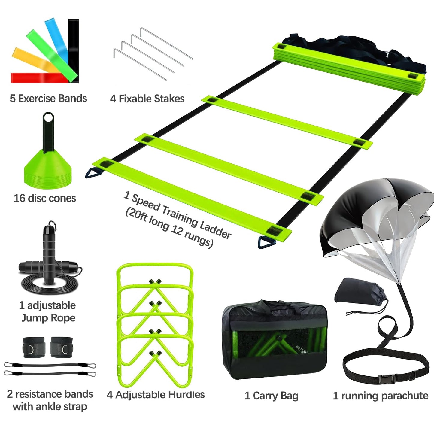 Haootadiy Agility Training Equipment, Football Training Equipment Includes 20FT Agility Ladder,4 Adjustable Agility Hurdles, 16 Football Cones, Parachute, for Training Soccer Athletes（Green）