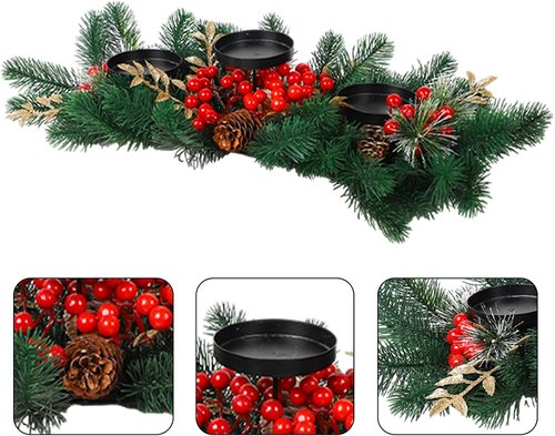 MorTime Christmas Centerpiece - 3 Candle Holders with Red Berries & Pine Cones | Indoor Holiday Table Decor