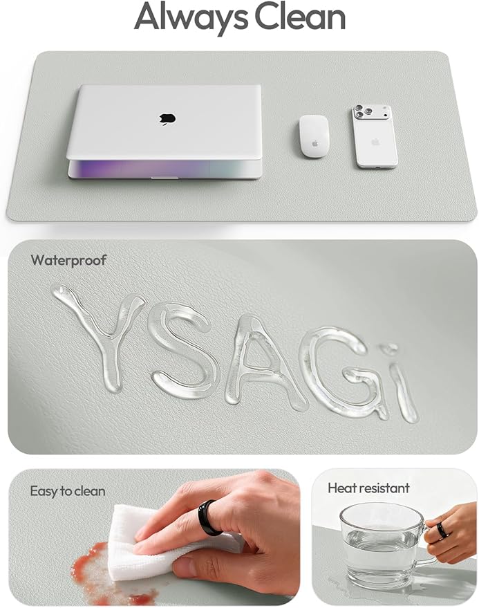 YSAGi Leather Desk Protector, Office Mat, Large Mouse Mat, Non-Slip PU Leather Blotter, Laptop Desk, Waterproof Writing Pad for Office and Home (Light Grey, 47.2" x 23.6")