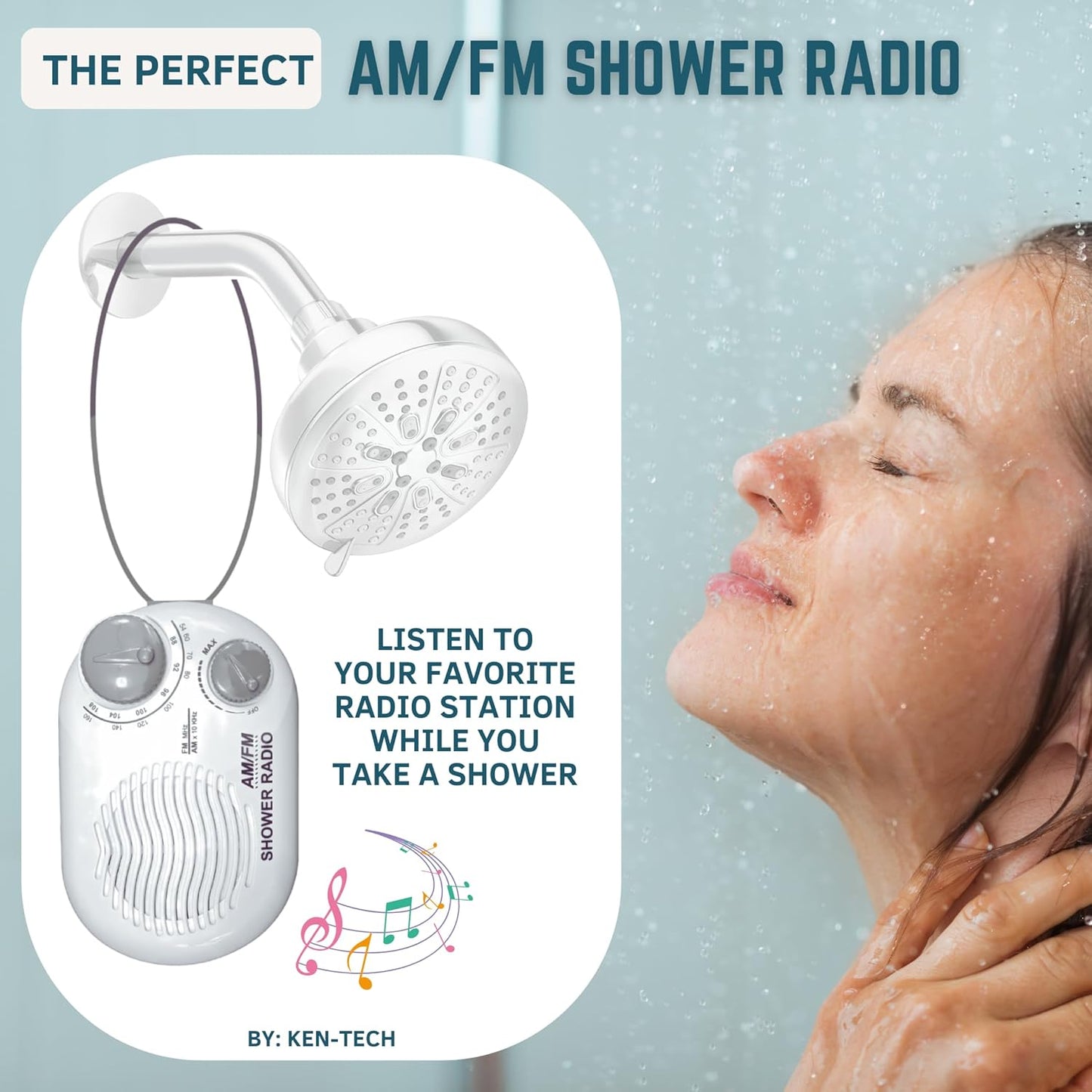 Shower Radio - Includes Carrying or Hanging Strap. Portable Design Perfect for Bathroom, Kitchen, and Outdoor. Built
