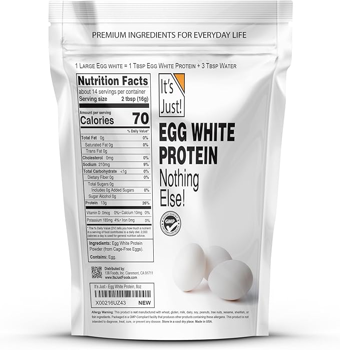 It's Just! - Egg White Protein Powder, Made in USA from Cage-Free Eggs, Dried Egg Whites (Unflavored, 8oz)