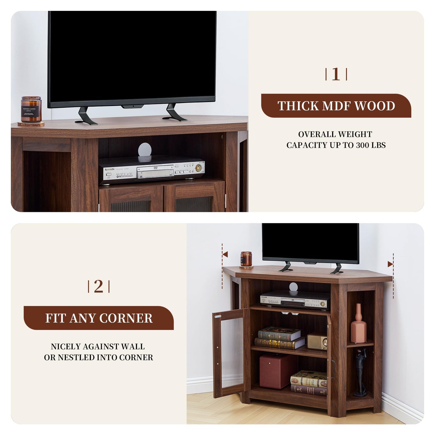 weselon Corner TV Stand for TVs up to 48 Inch, Media Entertainment Center with Storage Shelves and 2 Doors, Console Table Buffet Cabinet for Living Room Bedroom (Walnut)