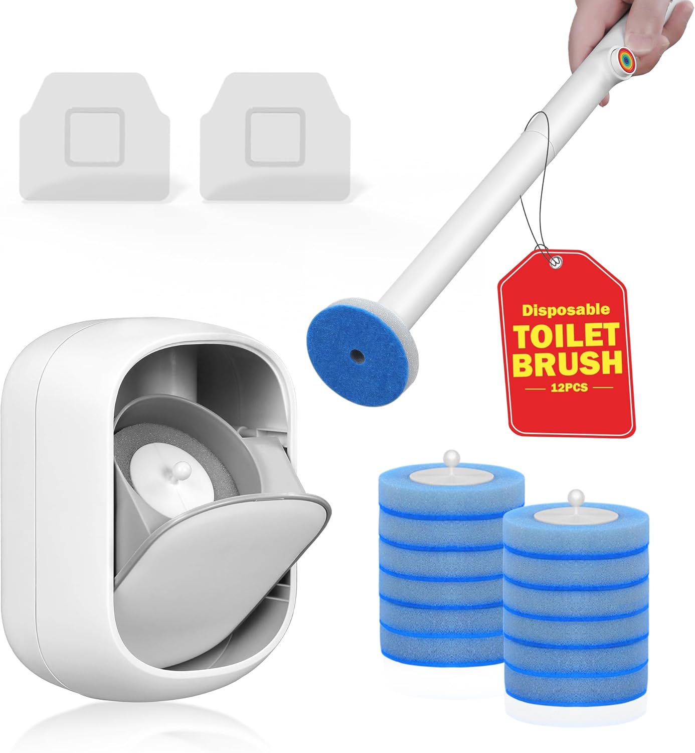 Regine Switzerland Disposable Toilet Cleaner Wand Set - Wall Mounted Brush Kit with 12 Refill Heads for Hygienic Bathroom Cleaning