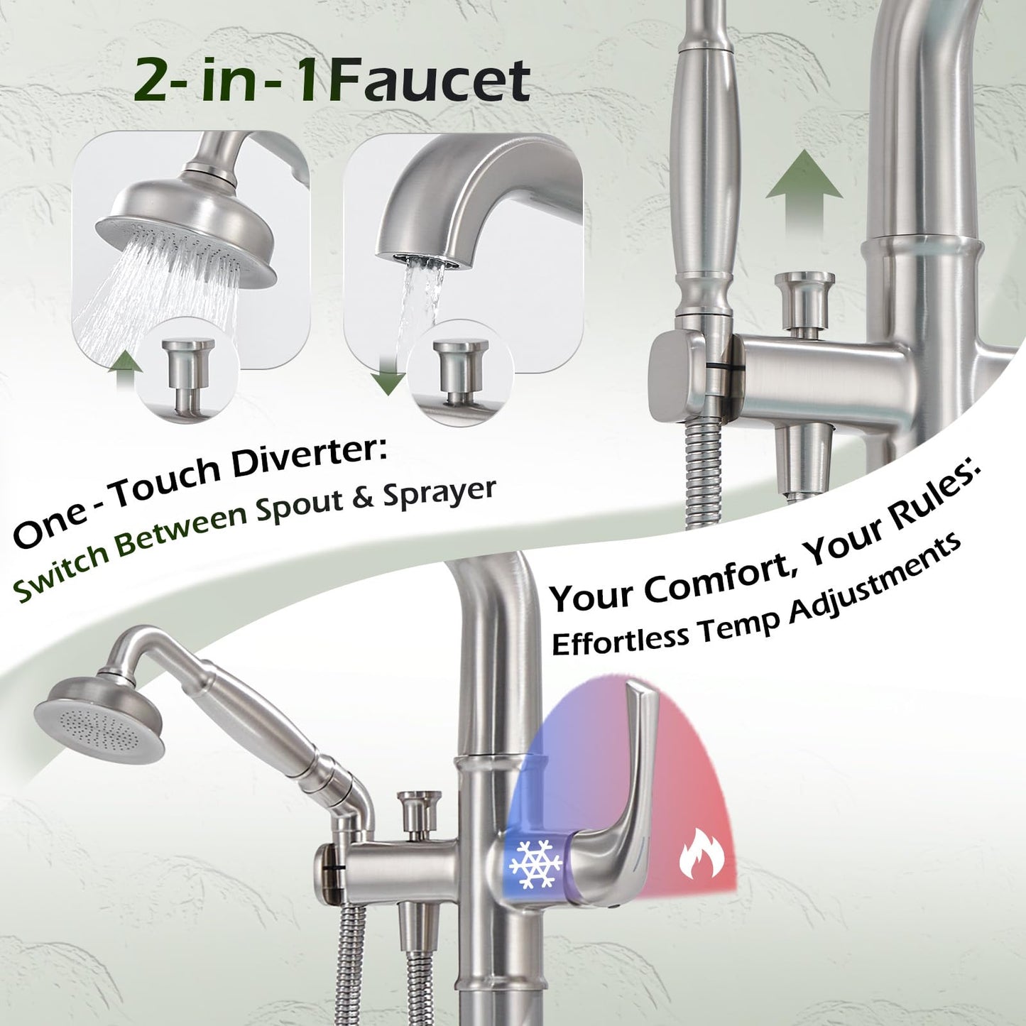 Luxury Free Standing Tub Faucet, Classic Brass Freestanding Bathtub Faucet, Lexdale Bathroom Floor Mount Tub Filler with handheld Sprayer Supply Lines Included Brushed Nickel (LD8911-BN)