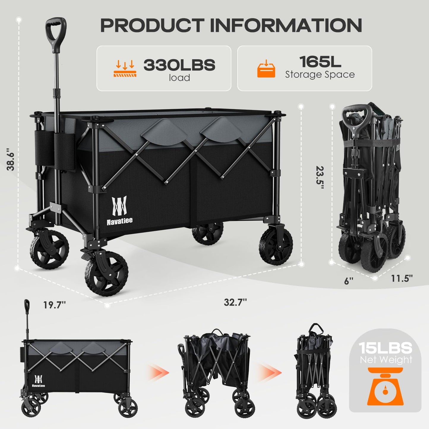Navatiee 165L Collapsible Folding Wagon, Large Foldable Wagon with Silent All-Terrain Wheels, 330Lbs Heavy Duty Utility Grocery Cart for Camping Shopping Outdoor, Black