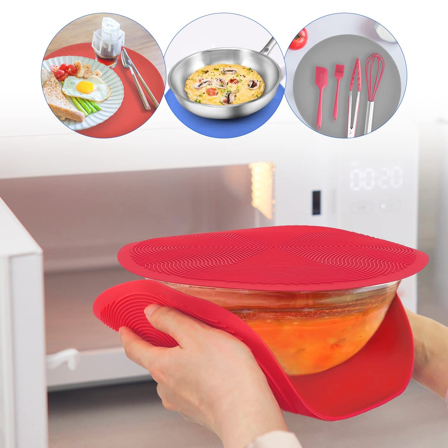 KooMall 12 10 8 Inch Multi-use Microwave Mat, Trivet, Pot Holders, Drying, Baking, Place Mat, Utensils Rest, Silicone Cover Pad for Hot Pot Pans Bowls Plates Dishes Kitchen Counter, Heat Resistant,Red
