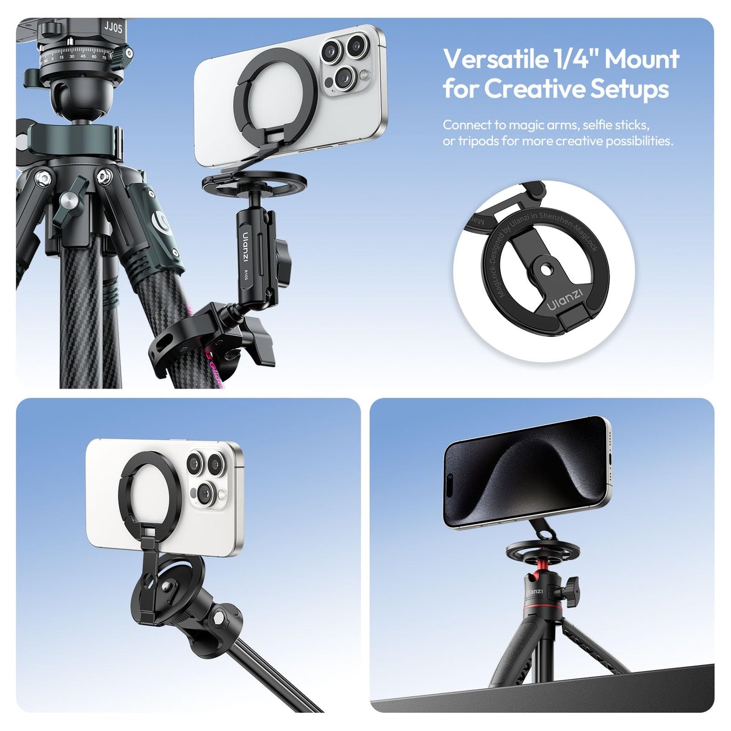 ULANZI MA02 Dual Magnetic Phone Holder for Gym, Gym Phone Mount for MagSafe/iPhone 17-12, Foldable Phone Tripod Mount with 1/4" Screw for Gym, Workout, Kitchen or Any Metal Surface, Black