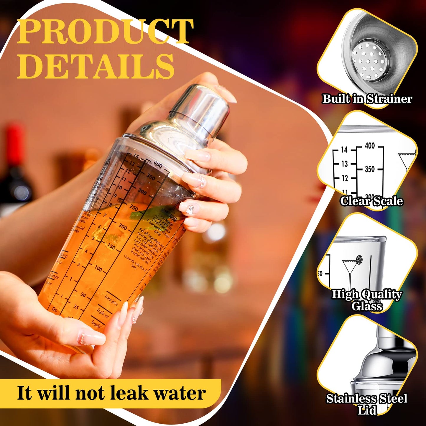 Rtteri 4 Pcs Cocktail Shaker Set 14 oz Martini Glass Shaker Cup Stainless Steel Drink Shaker Tool Margarita Bartender Kit Cocktail Mixers with Measuring Jigger Mixing Spoon for Bar