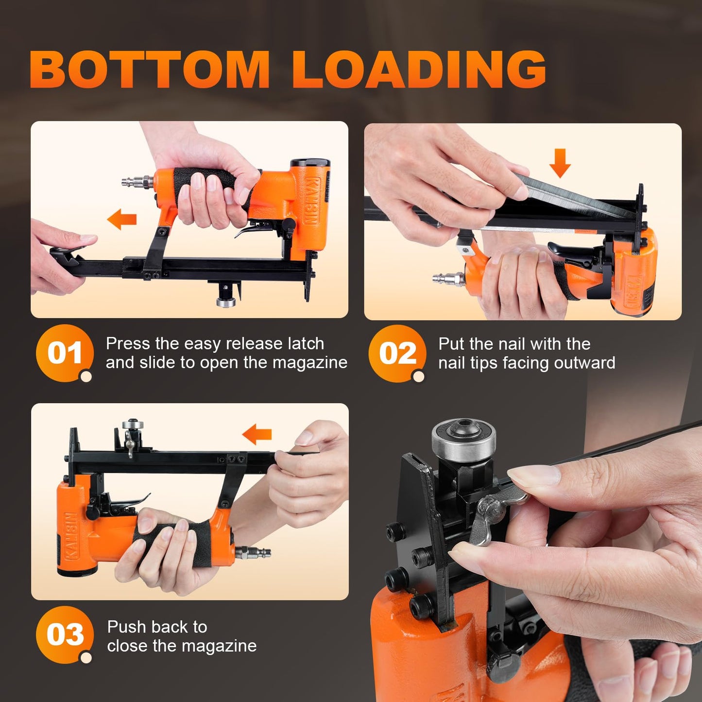 KAMSIN KN8016SG 21 Gauge Pneumatic Upholstery Stapler Continuous Firing with Guide Roller, 1/2'' Crown Staples, 1/4'' - 5/8'' Length, Air Power Upholstery Staple Gun for Furniture and Fabric