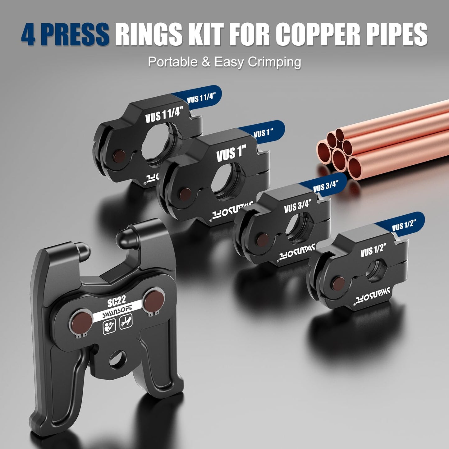 SWANSOFT SC22 Copper Press Rings Kit - 4Pcs Press Rings 1/2" To 1-1/4" Rings & 180° Rotating Actuator Suit for Narrow/Tight-Angle Pressing Solution | Fits 22-24kN Compact Pro Press Tools &Storage Case