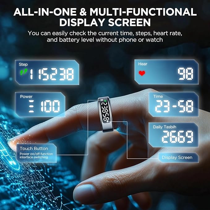 Smart Rings for Men with Display Screen, Fitness Ring with Wireless Charging, Sleep Tracker Ring with Heart Rate, Health Rings for Activity Monitoring/Steps/Calories, for iOS Android (Black,9#)