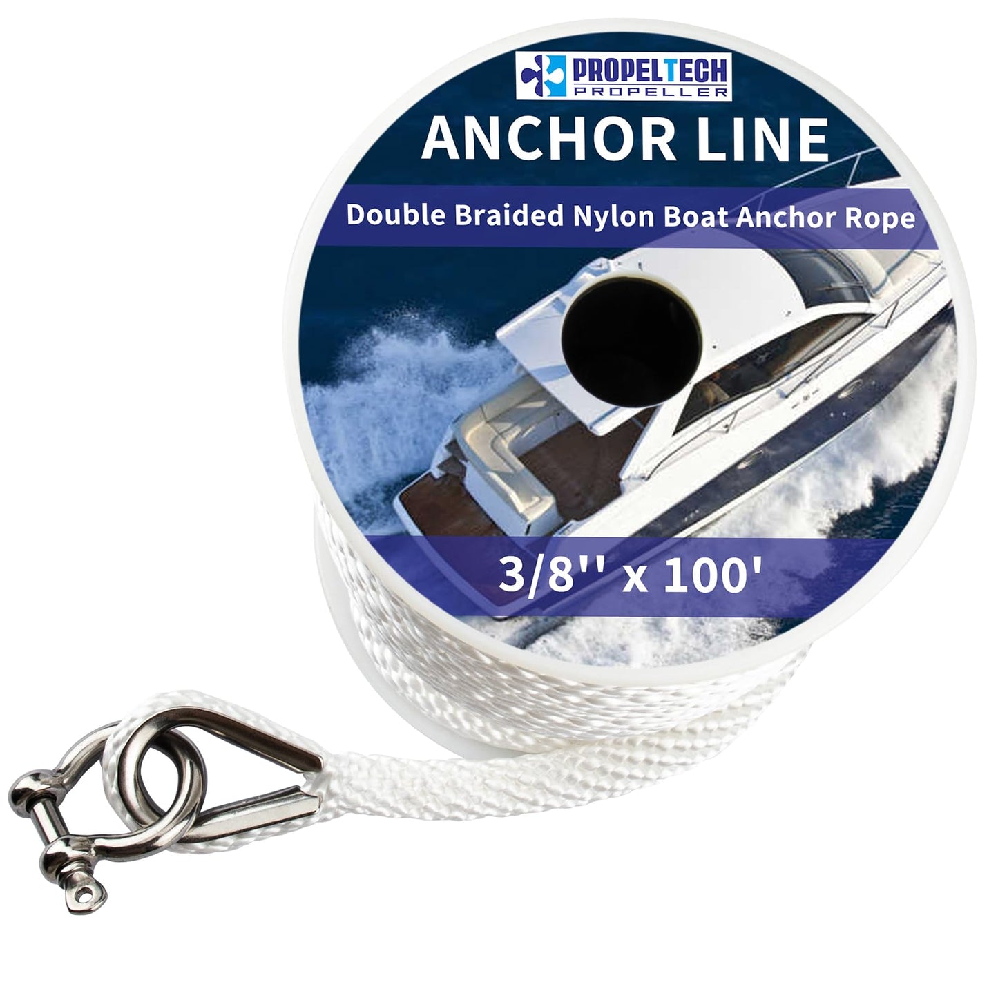PropelTech Anchor Rope Braided Anchor Line(White, 3/8" x 100') Premium Solid Braid MFP Boat Rope with Stainless Steel Thimble & Shackle, Quality Marine Line, Boat Accessories