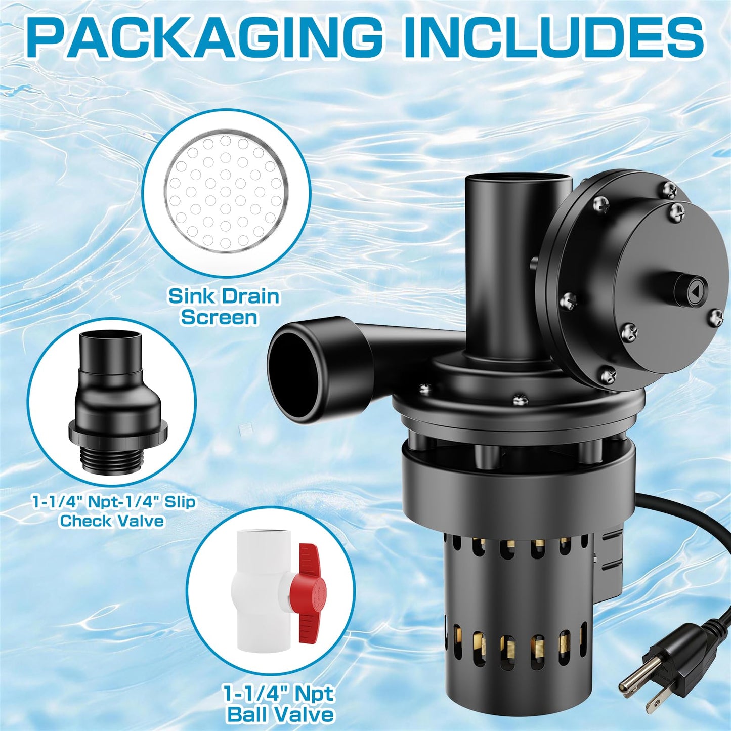 Automatic Utility Sink Pump, Under-Sink Mounted for Gravity‑Free Drainage, 115V 1/3 HP with Drain Screen, Check Valve & Ball Valve for Basement, Laundry, Wet Bars, Kitchens